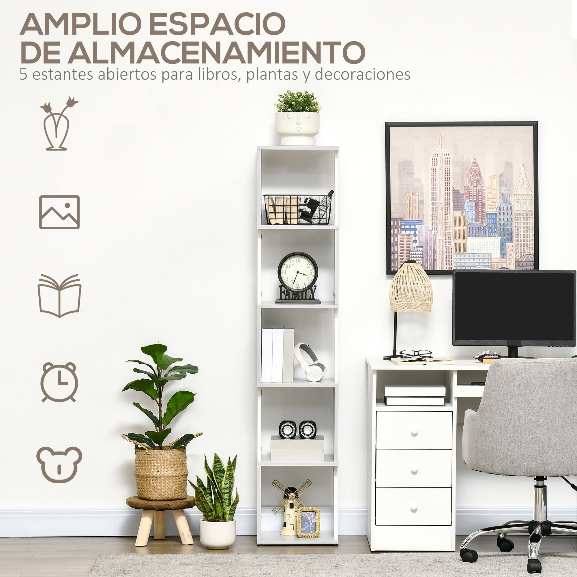 S-Shaped Bookcase Bookshelf with 5 Open Shelves for Living Room Home Office Study Anti-Tip 100 kg Load 33x28x161 cm White and Light Gray