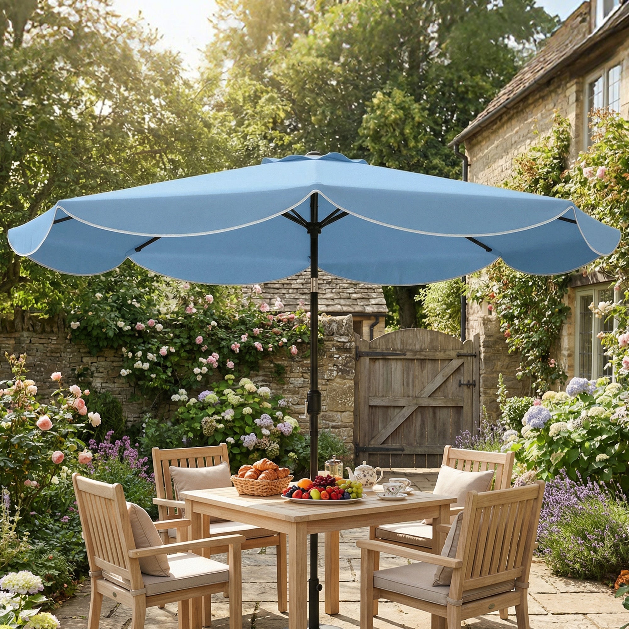 8.7 ft (265 cm) Outdoor Patio Umbrella — 3-Position Tilt, Crank, Frilled Canopy, Waterproof — Sky Blue