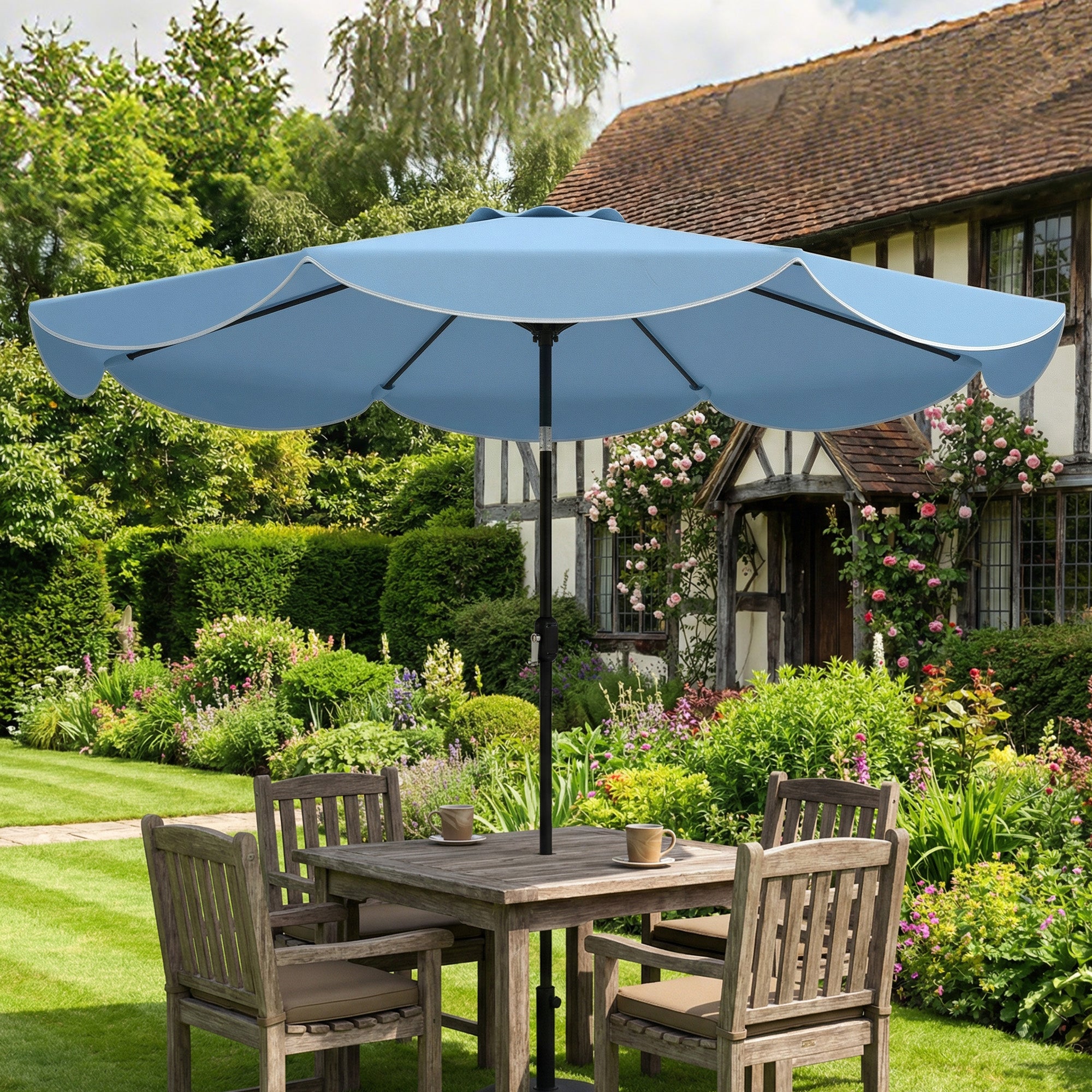 8.7 ft (265 cm) Outdoor Patio Umbrella — 3-Position Tilt, Crank, Frilled Canopy, Waterproof — Sky Blue