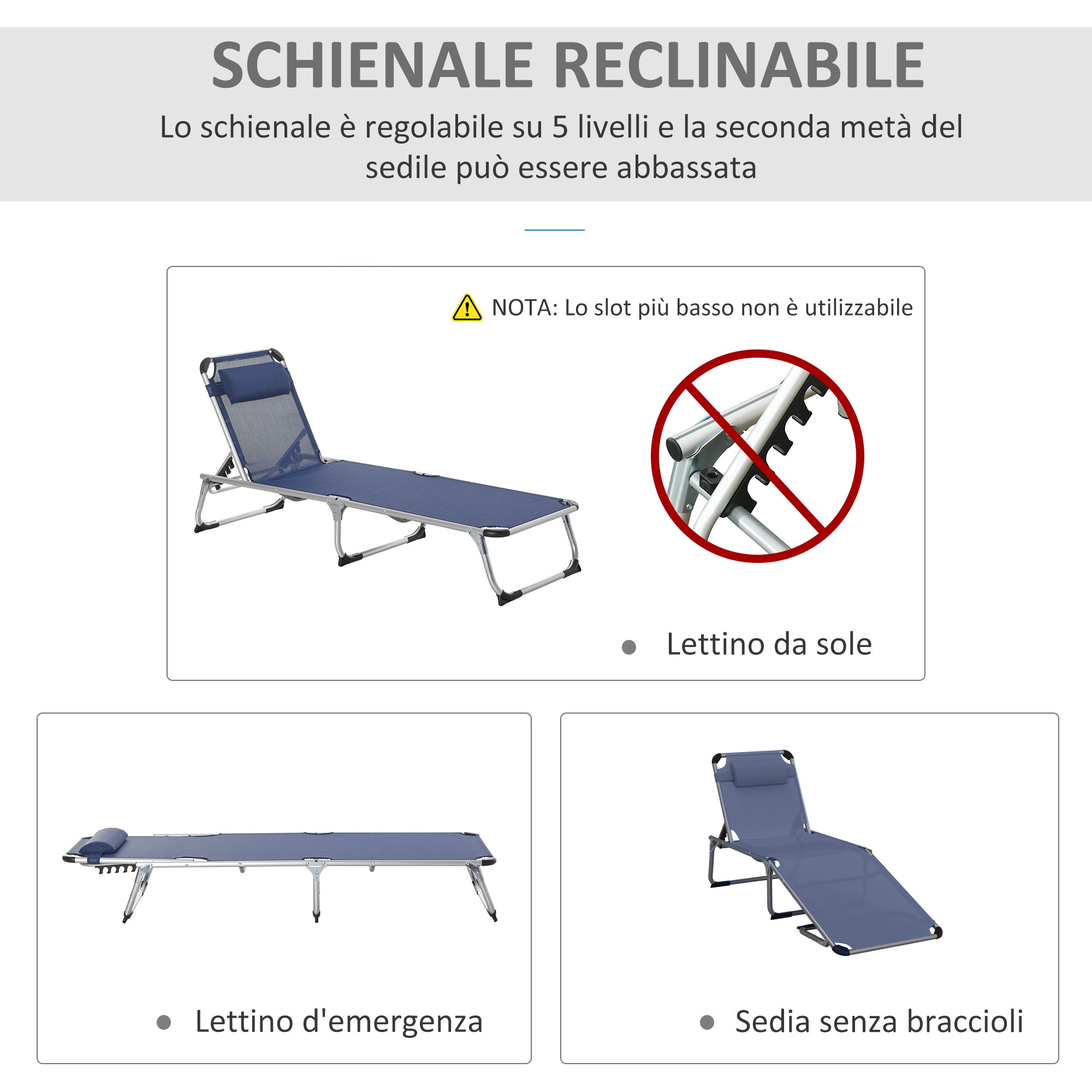 Folding Outdoor Sun Lounger Chair with Headrest, Garden Sun Lounger with Adjustable Backrest in Aluminum 60x165x76cm Dark Blue