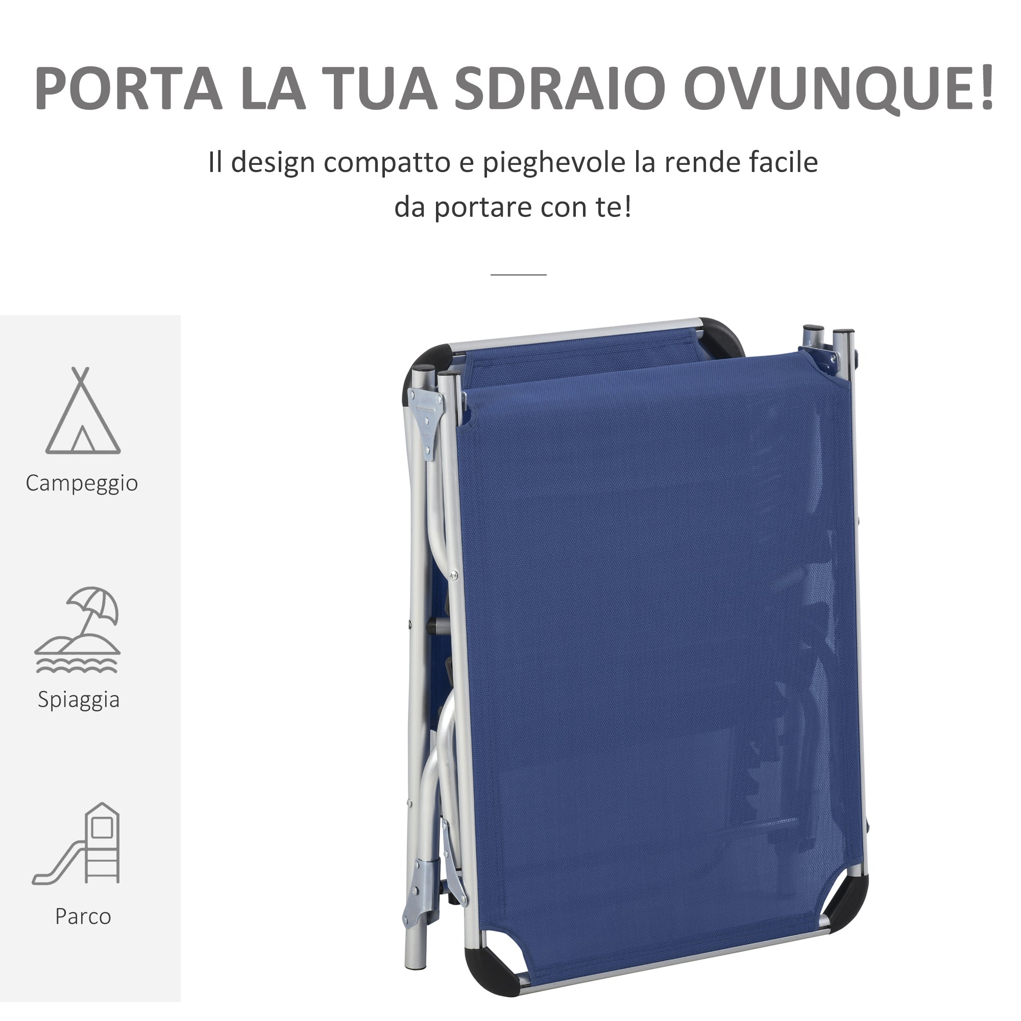 Folding Outdoor Sun Lounger Chair with Headrest, Garden Sun Lounger with Adjustable Backrest in Aluminum 60x165x76cm Dark Blue