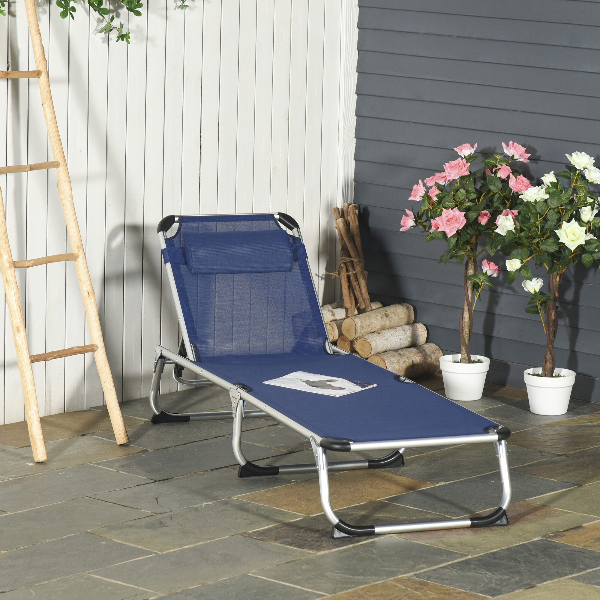 Folding Outdoor Sun Lounger Chair with Headrest, Garden Sun Lounger with Adjustable Backrest in Aluminum 60x165x76cm Dark Blue