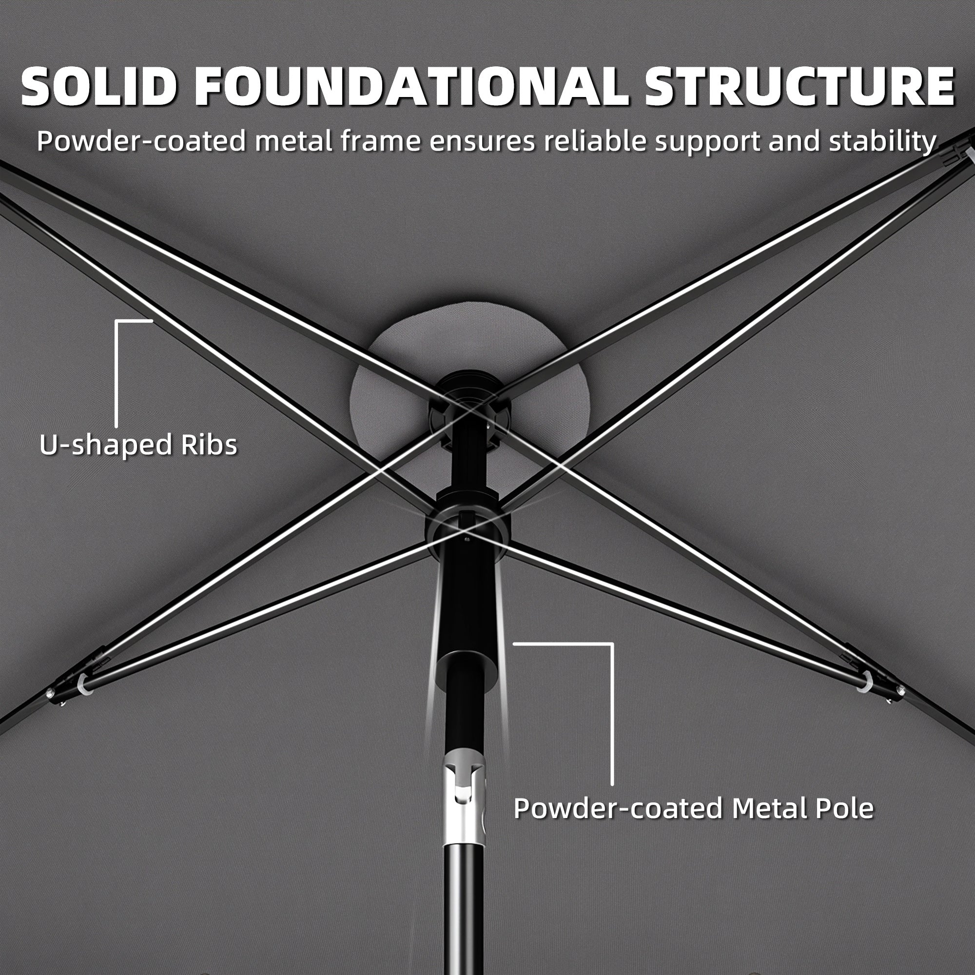 Rectangular Parasol 72 x 48 in (183 x 122 cm) – 3-Tilt Crank Umbrella with 8 Ribs for Beach, Balcony & Garden, Dark Gray