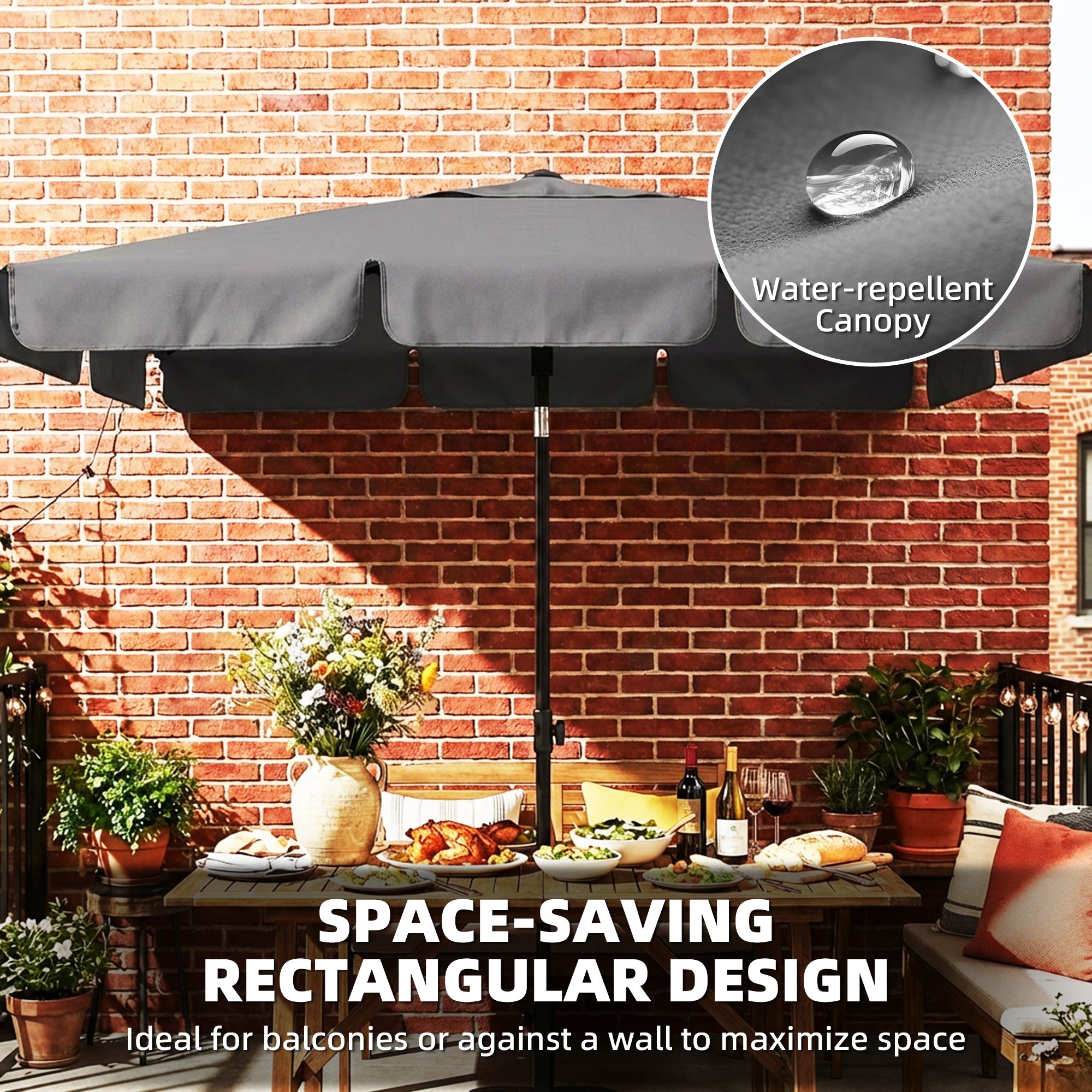Rectangular Parasol 72 x 48 in (183 x 122 cm) – 3-Tilt Crank Umbrella with 8 Ribs for Beach, Balcony & Garden, Dark Gray