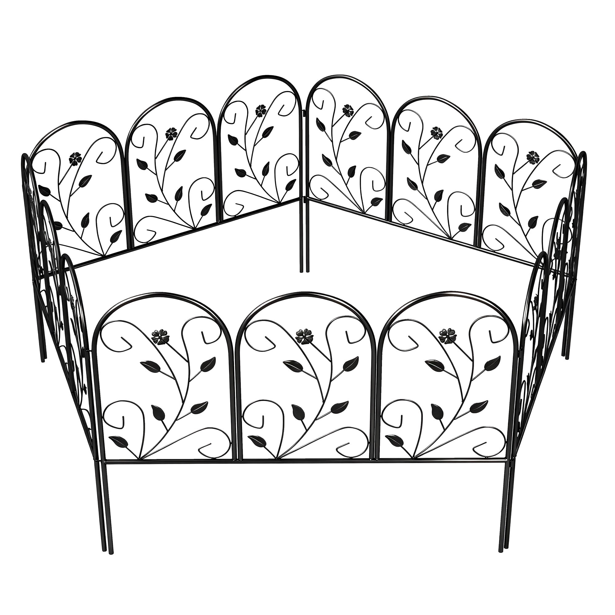Metal Garden Fence Panel Set, 31.5 x 23.6 in Each (13.1 ft Total) – Decorative Arched Top Landscape & Pet Barrier, Black
