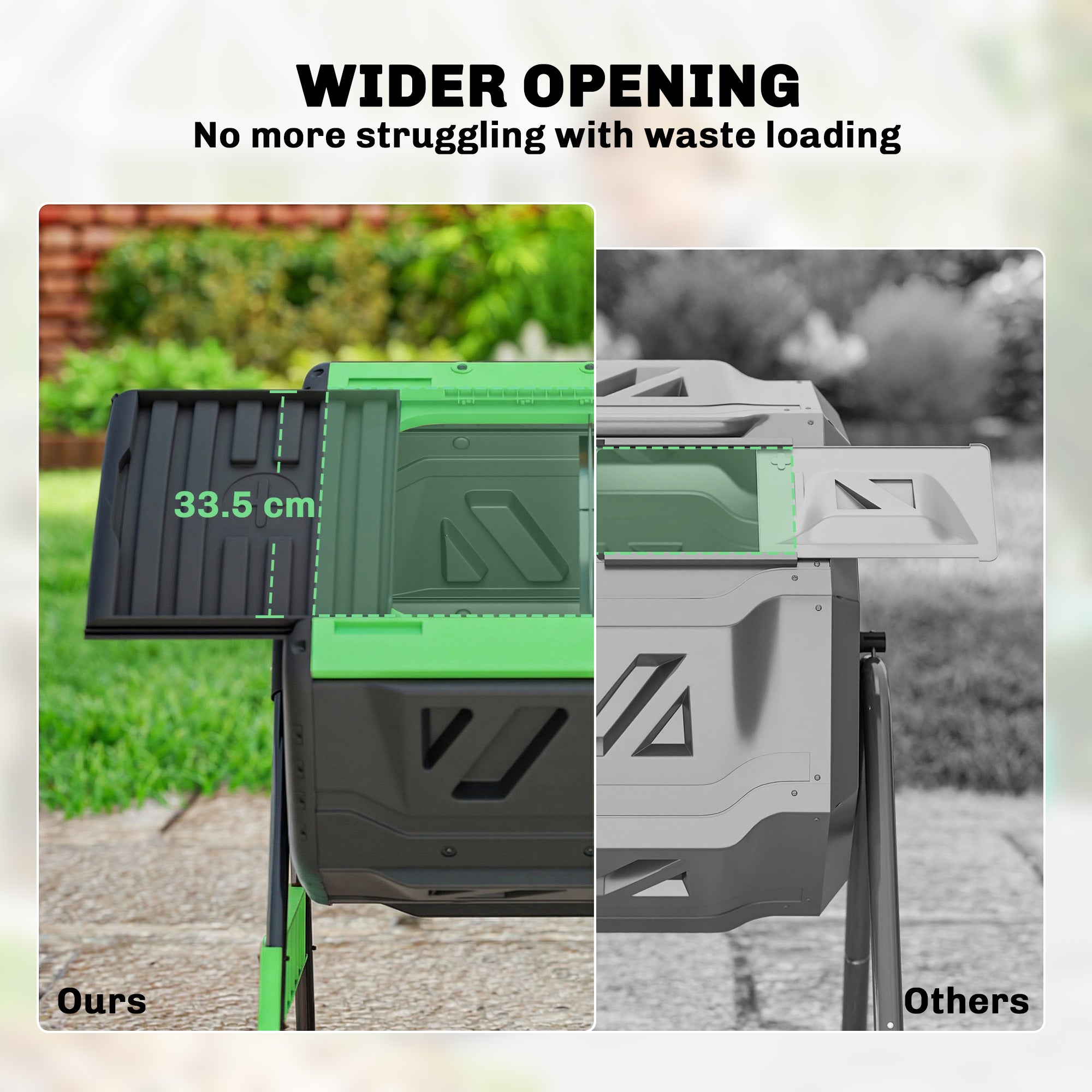 200 L (≈53 US gal) Compost Tumbler, 94 x 67 x 98 cm (37 x 26.4 x 38.6 in) – Fast Compost Bin with Ventilation Holes & Sliding Door, Weather-Resistant Plastic