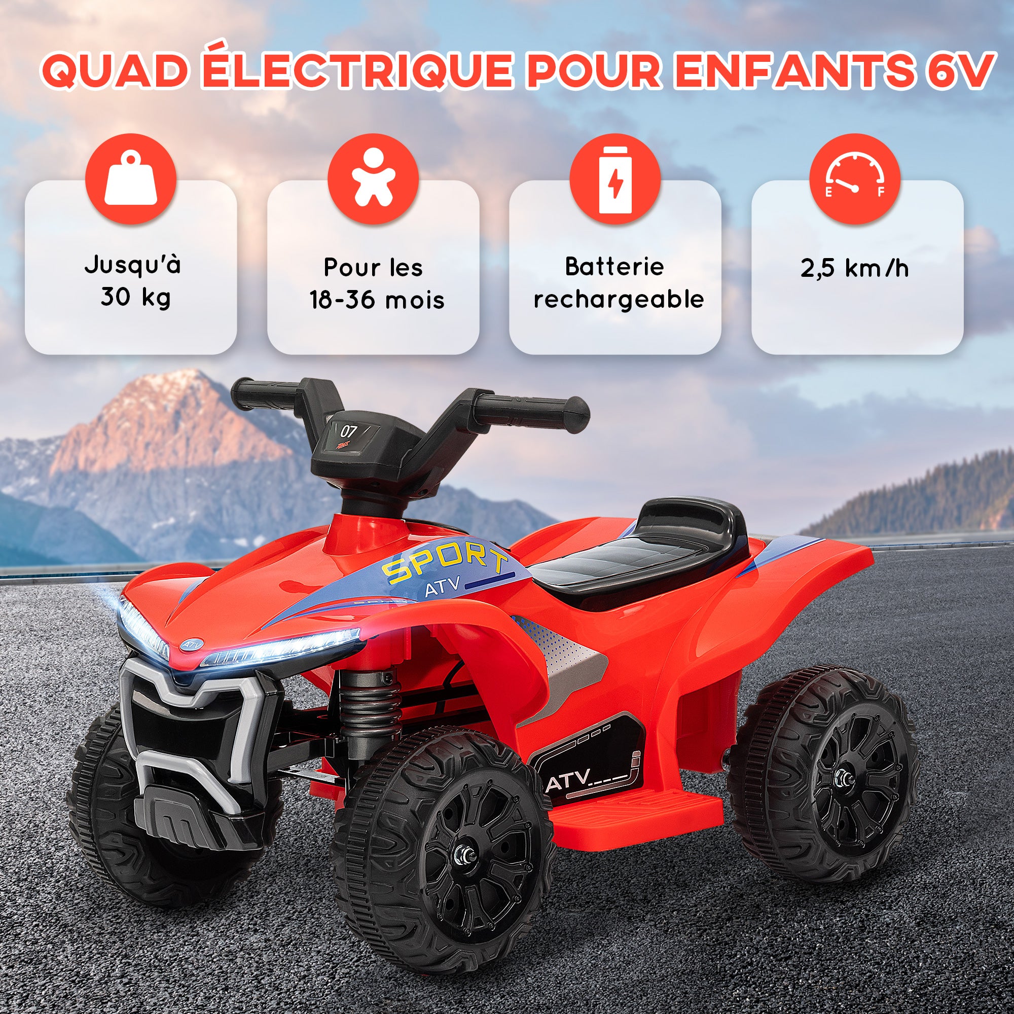 6V Children's Electric Quad, Kids Electric Car, 2.5 km/h Speed, with Headlights, Forward and Reverse, Music Function, for Children 18-36 Months, Red