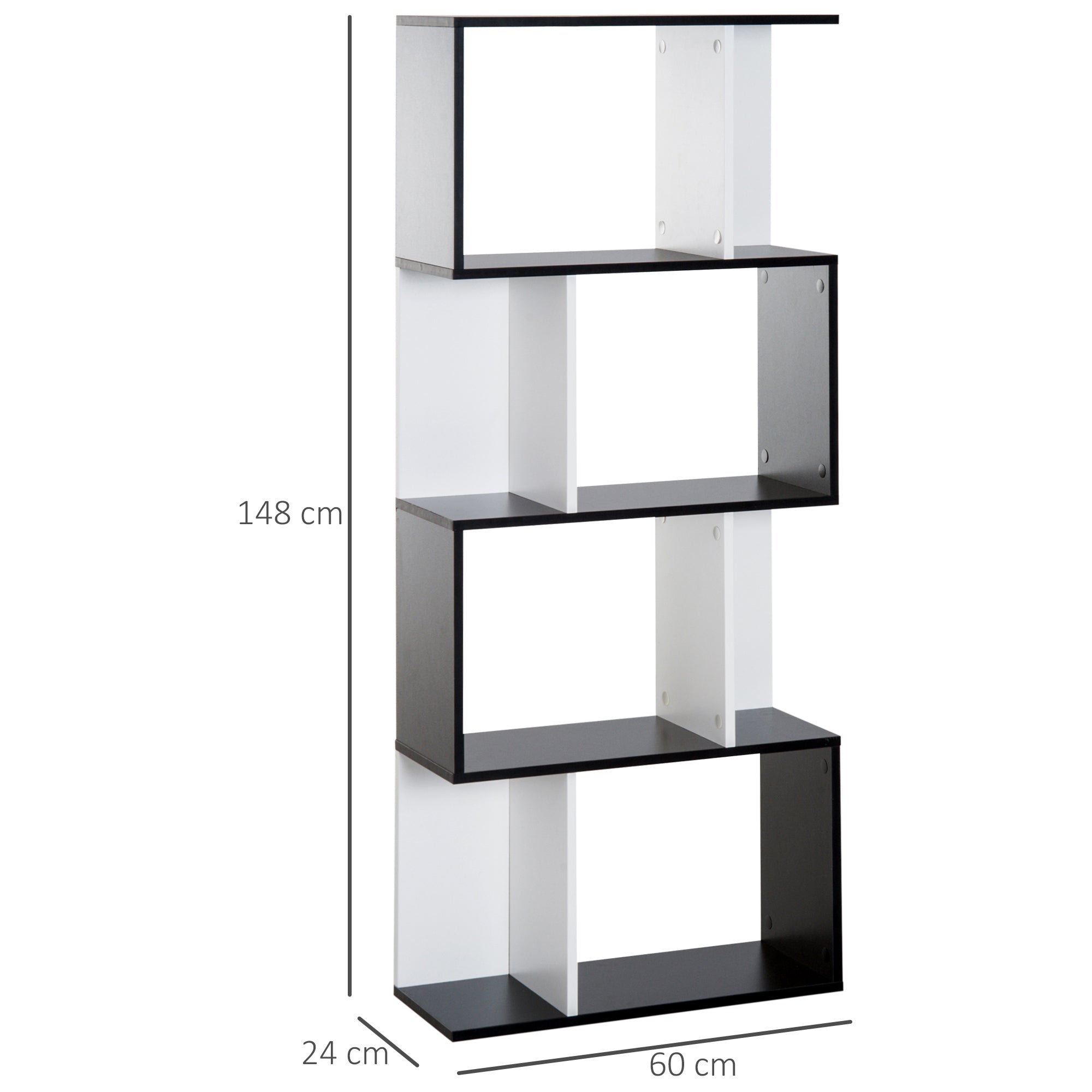 Contemporary Design S-shaped Bookshelf Storage Furniture 4 Shelves 60L x 24W x 148H cm Black White