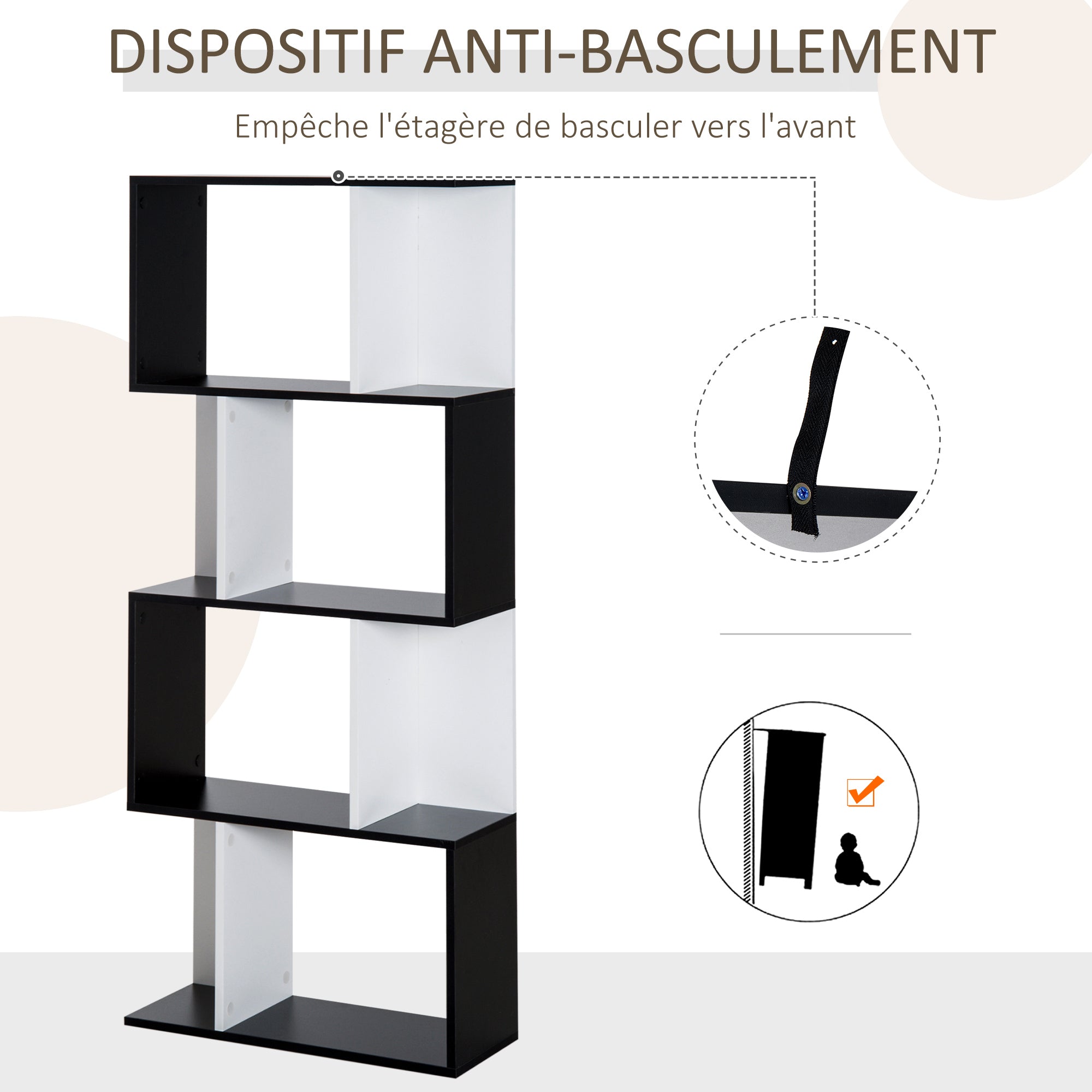 Contemporary Design S-shaped Bookshelf Storage Furniture 4 Shelves 60L x 24W x 148H cm Black White