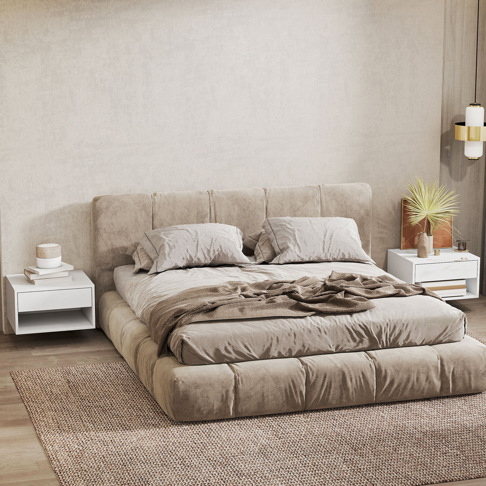 Set of 2 Wall-Mounted Nightstands – Floating Nightstands with Sliding Drawer, Open Compartment & Top Shelf, Modern Style, 37 x 32 x 21 cm (14.6 x 12.6 x 8.3 in), White