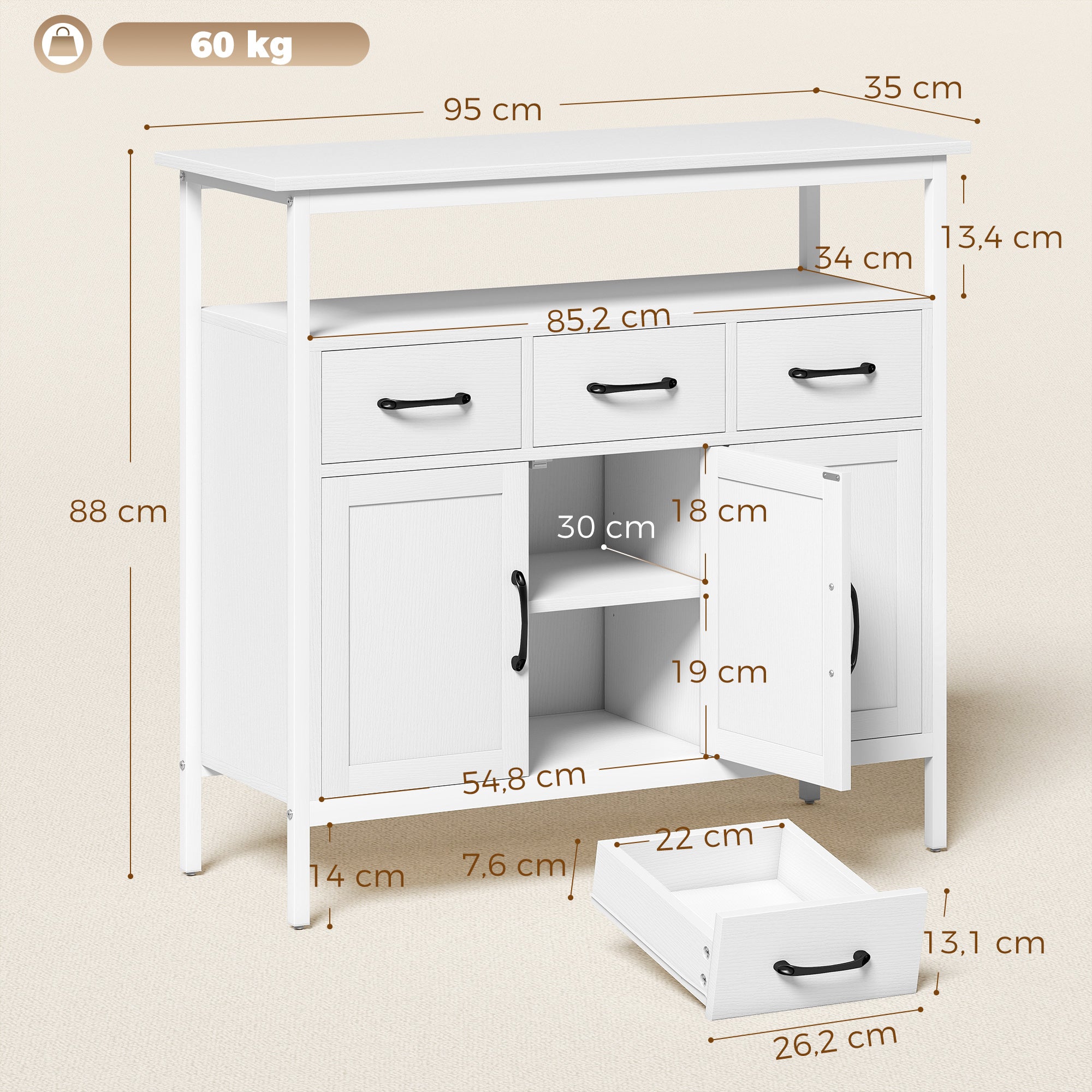 Kitchen Sideboard, Storage Cabinet with 3 Doors, 3 Drawers, Open Compartment & Adjustable Shelves, Modern Style for Living Room & Bedroom, 95 x 35 x 88 cm (37.4 x 13.8 x 34.6 in), White