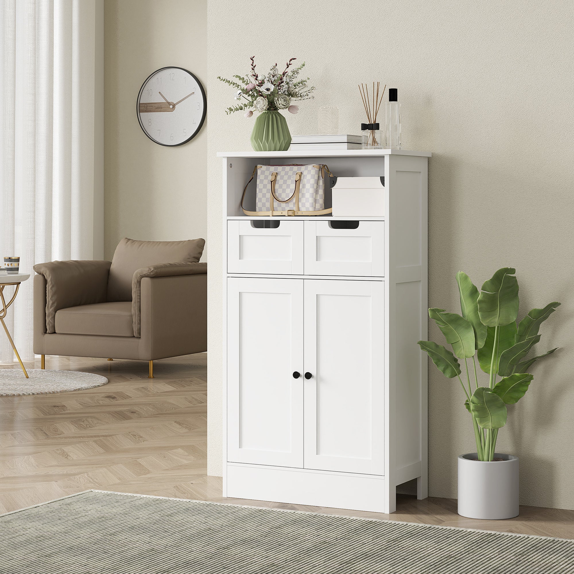 Bathroom Cabinet Bathroom Cabinet Tall Cabinet with Adjustable Shelf, 2 Drawers, 2 Doors, Cabinet Storage Cabinet for Bathroom, Living Room 60 x 30 x 108.8 cm White