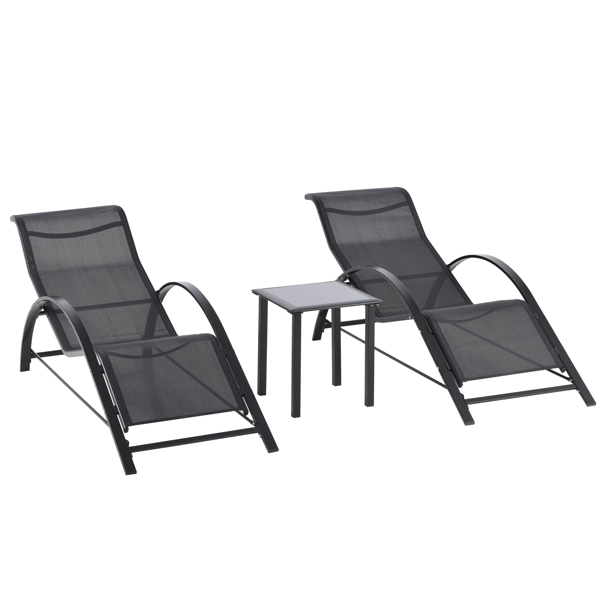 Garden Lounger Set Metal Mesh 3-Piece Sun Lounger with Tea Table Garden Furniture Set with 2 Sun Loungers, 1 Side Table Outdoor Seating Group for Garden, Balcony 59W x 169D x 66H cm Black