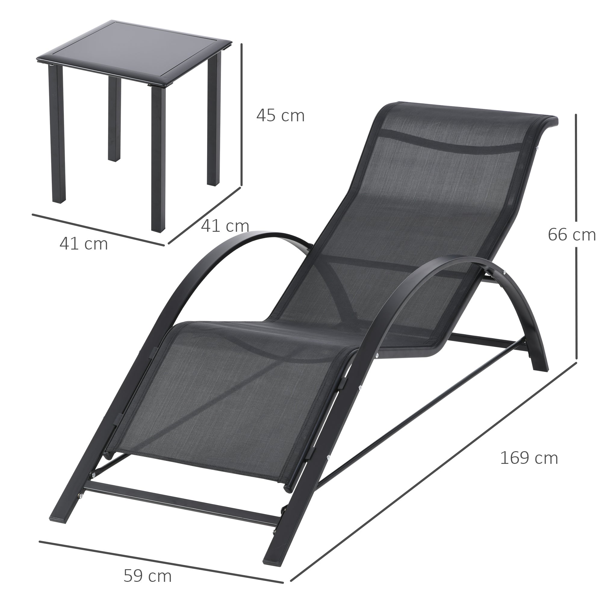 Garden Lounger Set Metal Mesh 3-Piece Sun Lounger with Tea Table Garden Furniture Set with 2 Sun Loungers, 1 Side Table Outdoor Seating Group for Garden, Balcony 59W x 169D x 66H cm Black