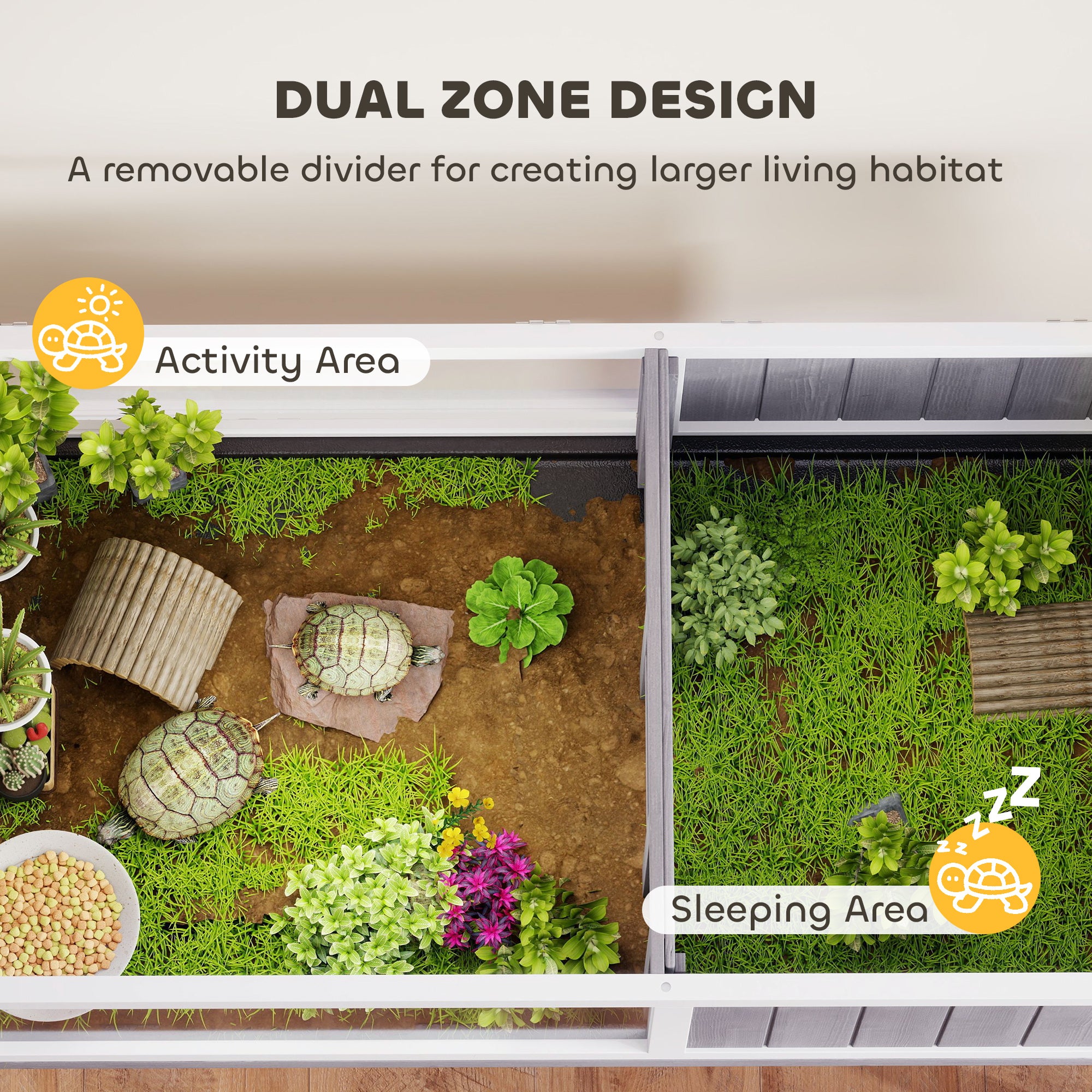 Elevated Wooden Turtle Hutch — Indoor/Outdoor 2-Zone Enclosure with Lamp Holder, Hinged Roof, Sliding Tray & Feeding Bowl — 104 x 53 x 82 cm (41 x 21 x 32 in) — Gray