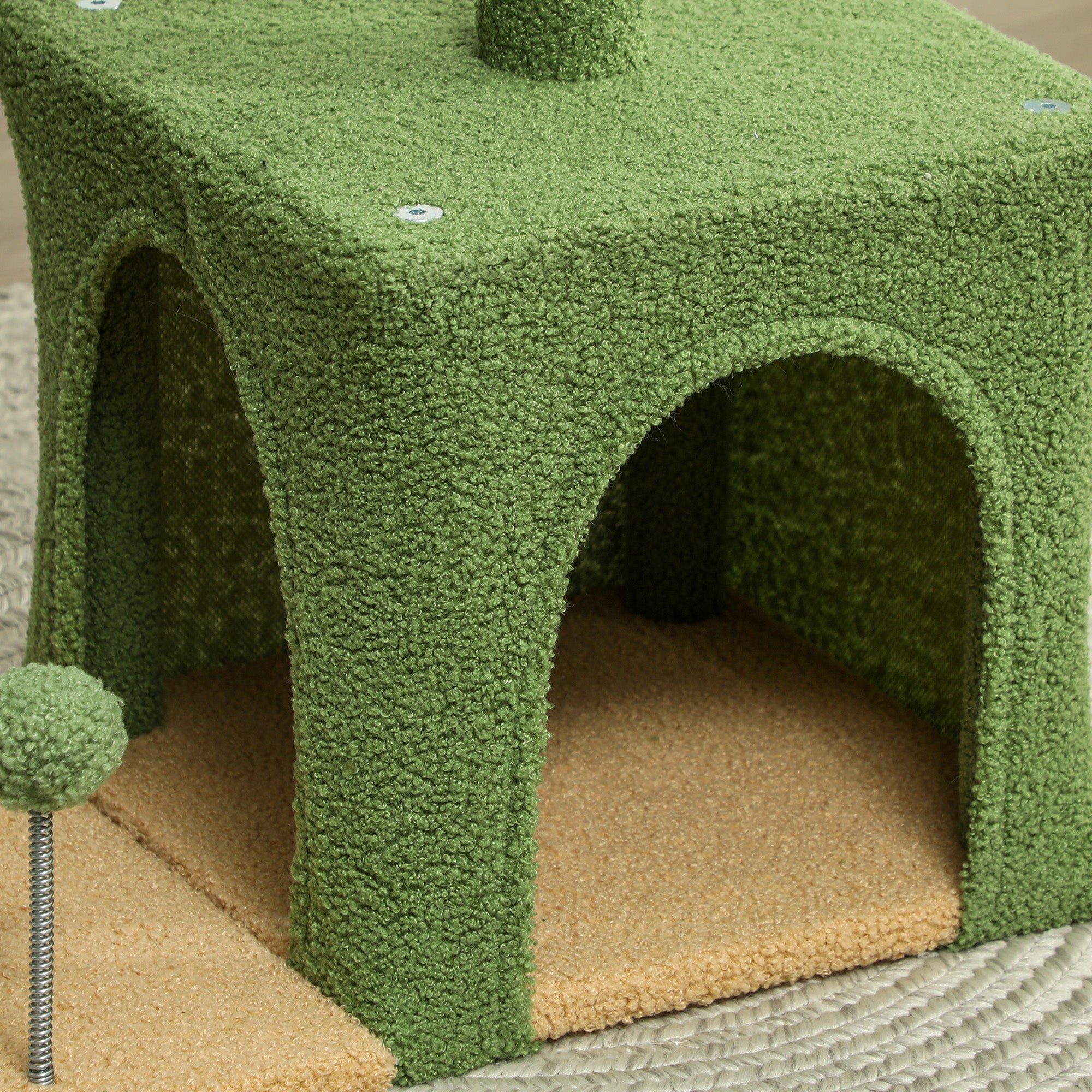 Cat Tree, 98 cm, with hideaway, bed, scratching posts, 2 play balls, and artificial leaves, green