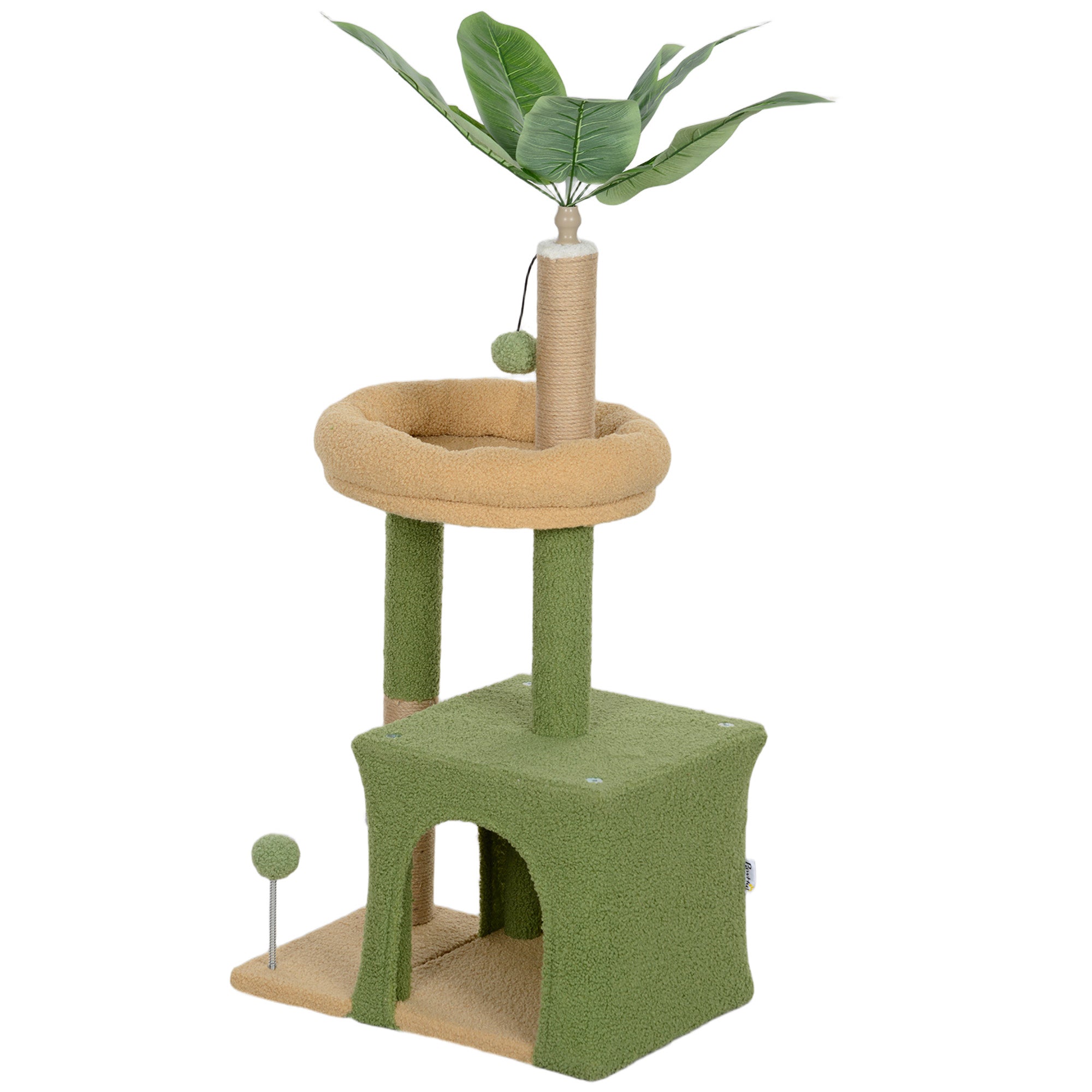Cat Tree, 98 cm, with hideaway, bed, scratching posts, 2 play balls, and artificial leaves, green
