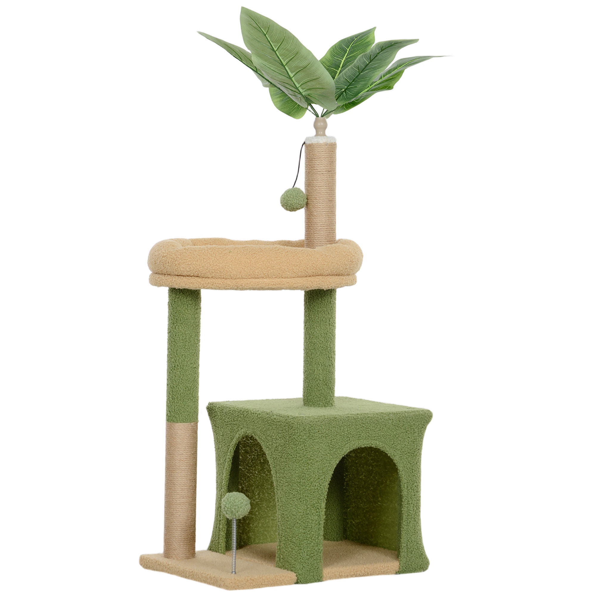 Cat Tree, 98 cm, with hideaway, bed, scratching posts, 2 play balls, and artificial leaves, green