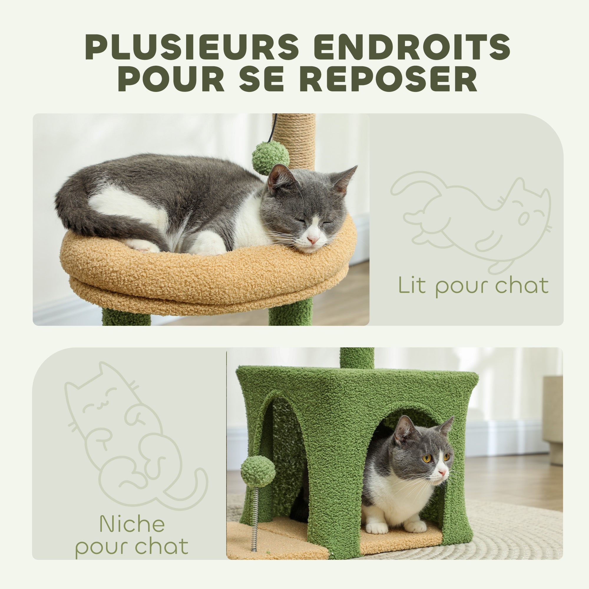 Cat Tree, 98 cm, with hideaway, bed, scratching posts, 2 play balls, and artificial leaves, green