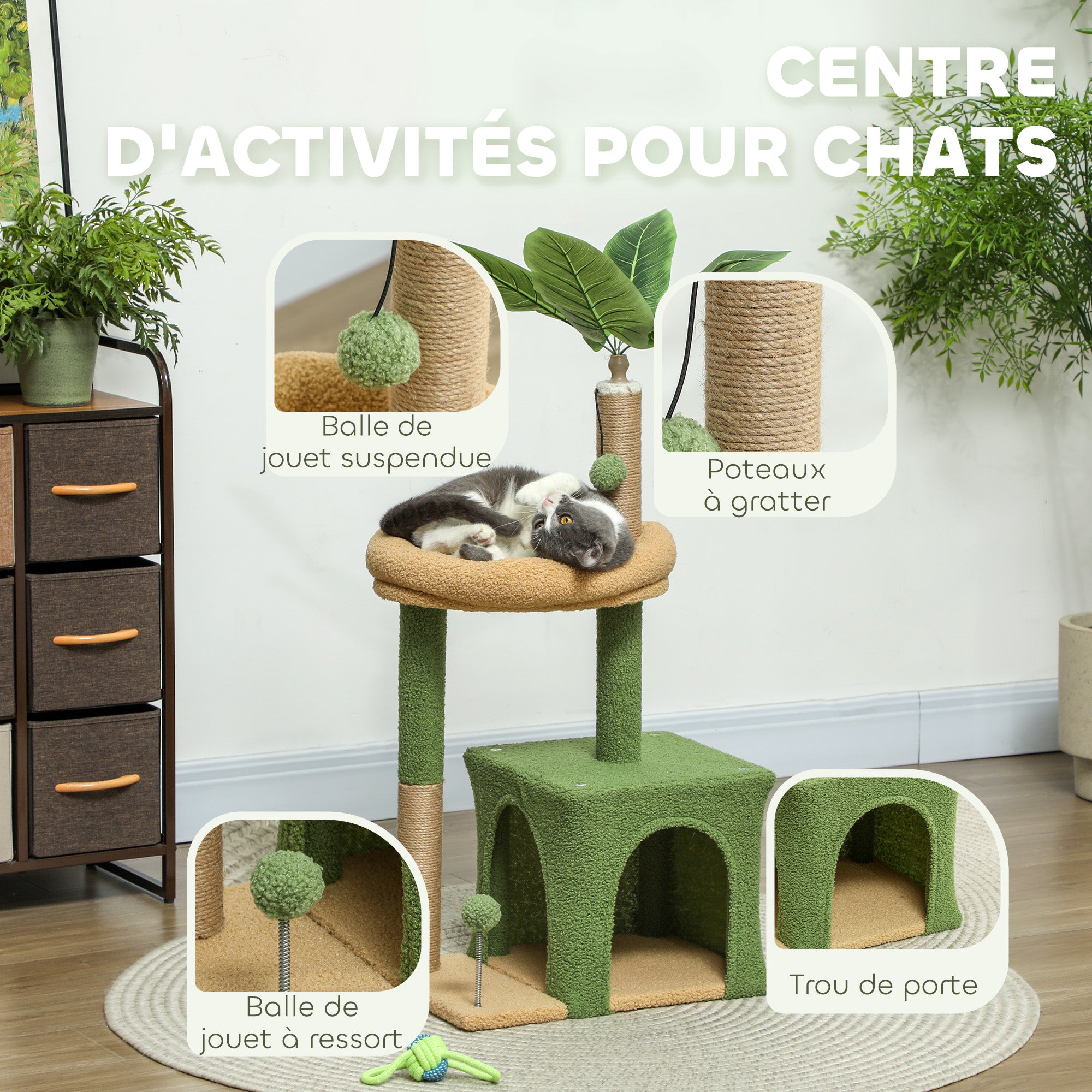Cat Tree, 98 cm, with hideaway, bed, scratching posts, 2 play balls, and artificial leaves, green