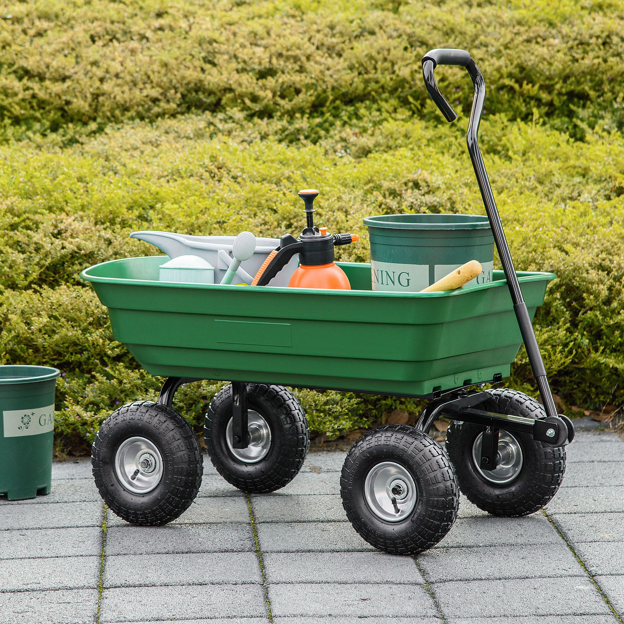Garden Cart with Steel Frame and Pneumatic Tires, Soft Grip Handle, 250kg Capacity, 108x52x100cm, Green