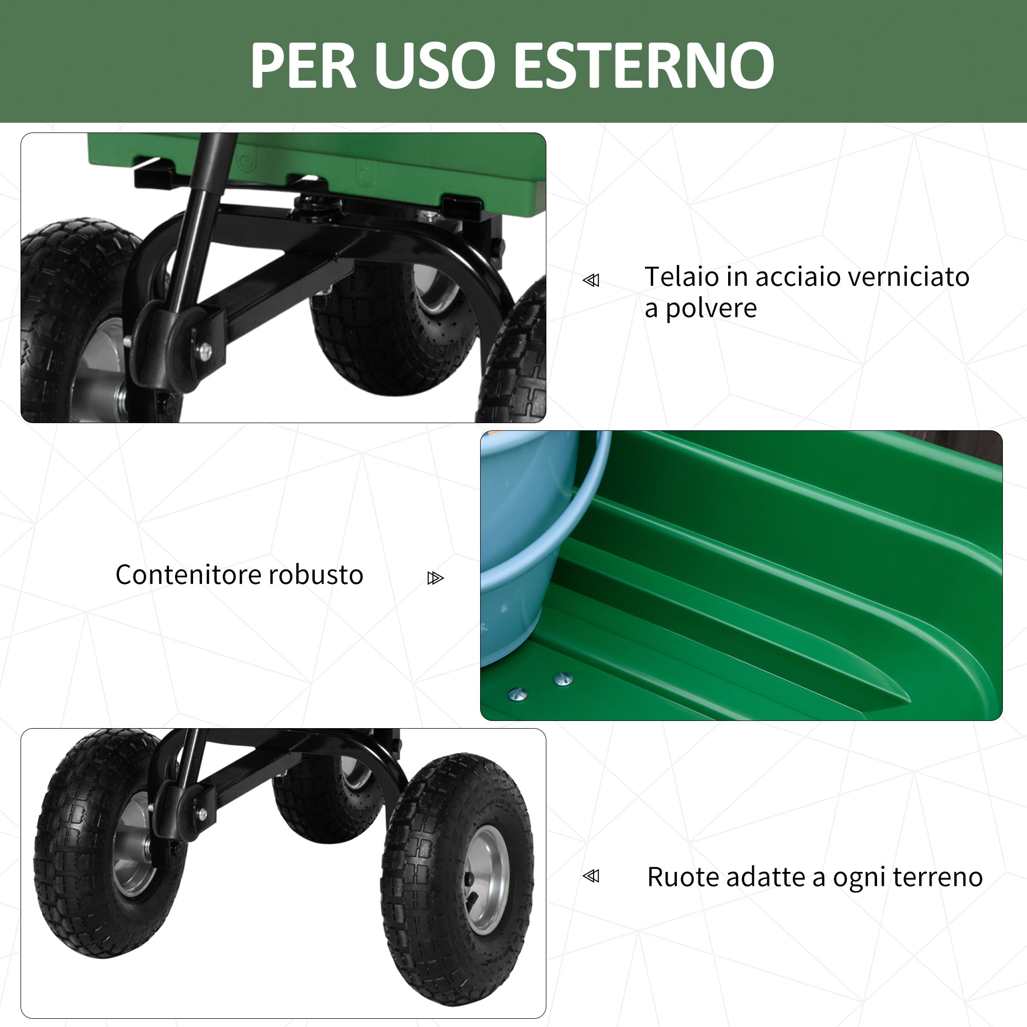 Garden Cart with Steel Frame and Pneumatic Tires, Soft Grip Handle, 250kg Capacity, 108x52x100cm, Green