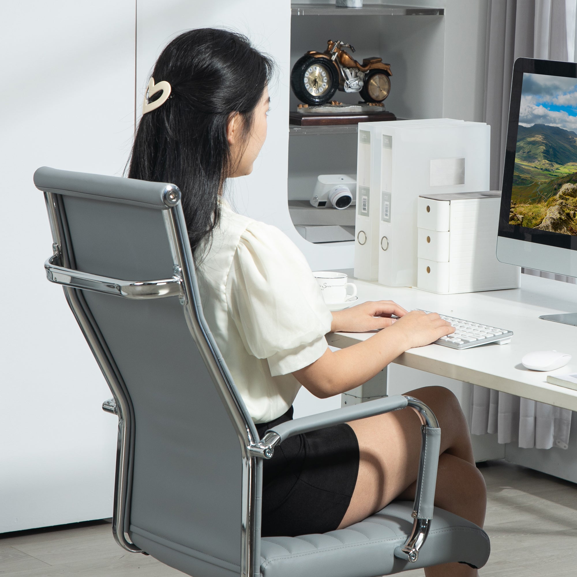 Office Chair Ergonomic Desk Chair with Rocking Function, Height Adjustable Swivel Chair with Armrest Computer Chair, Faux Leather, Light Grey