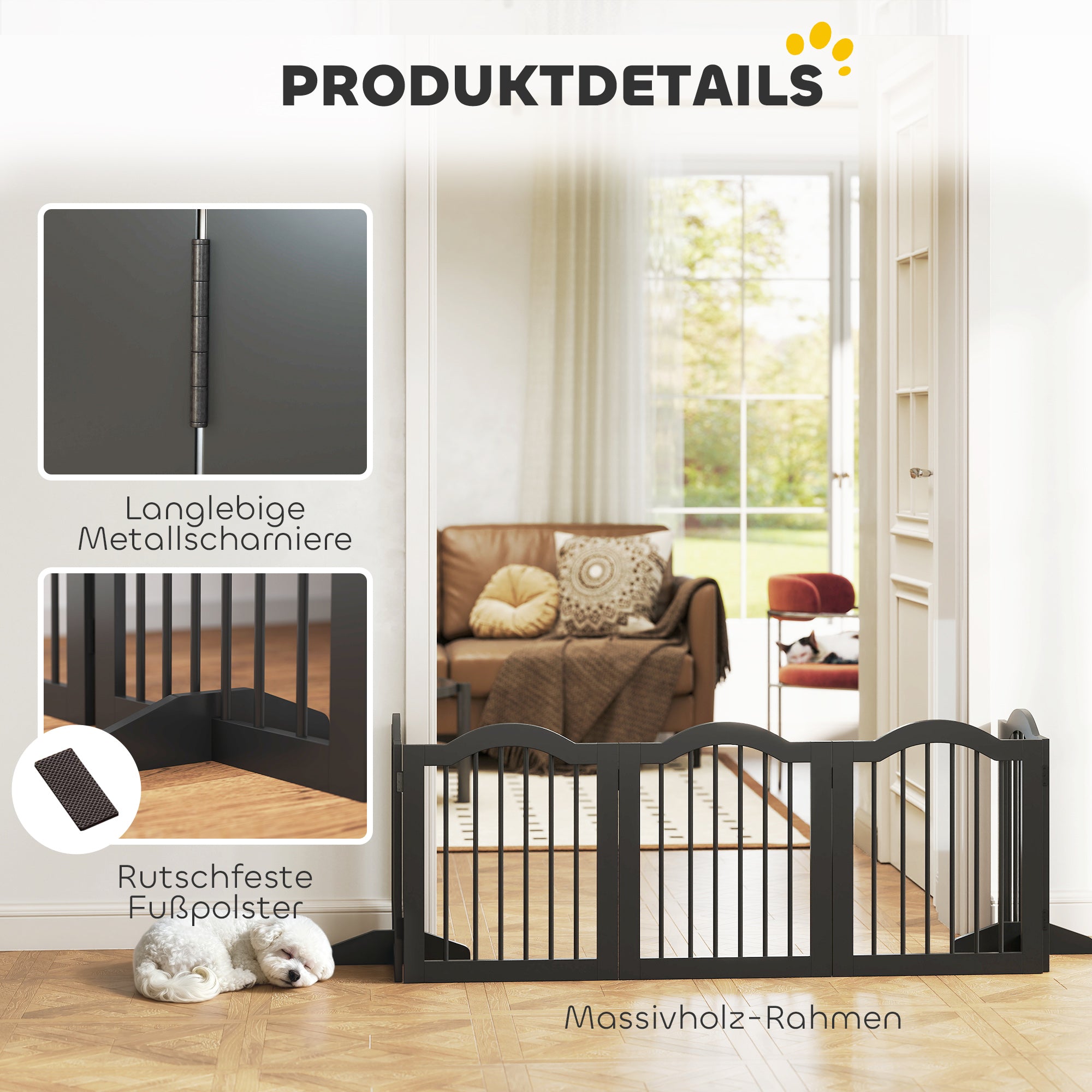 5-Piece Dog Gate, 103 x 24 in Folding Gate with Door, Freestanding Safety Gate with 2 Support Feet for Kitchen and Hallway, Black