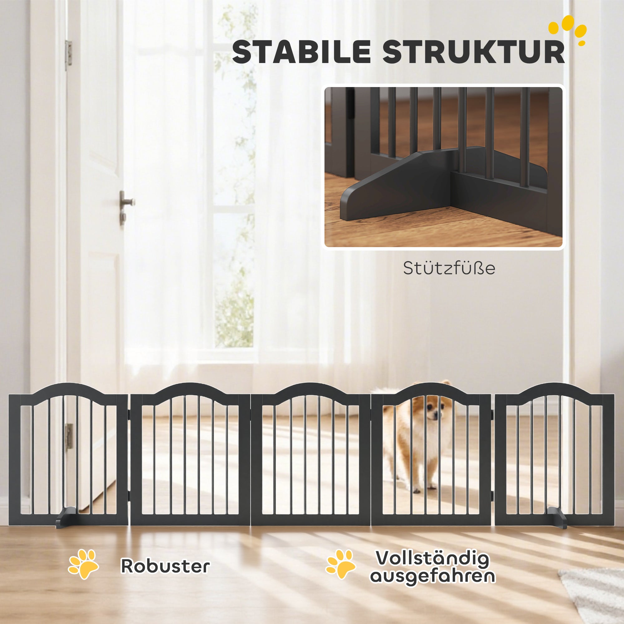 5-Piece Dog Gate, 103 x 24 in Folding Gate with Door, Freestanding Safety Gate with 2 Support Feet for Kitchen and Hallway, Black