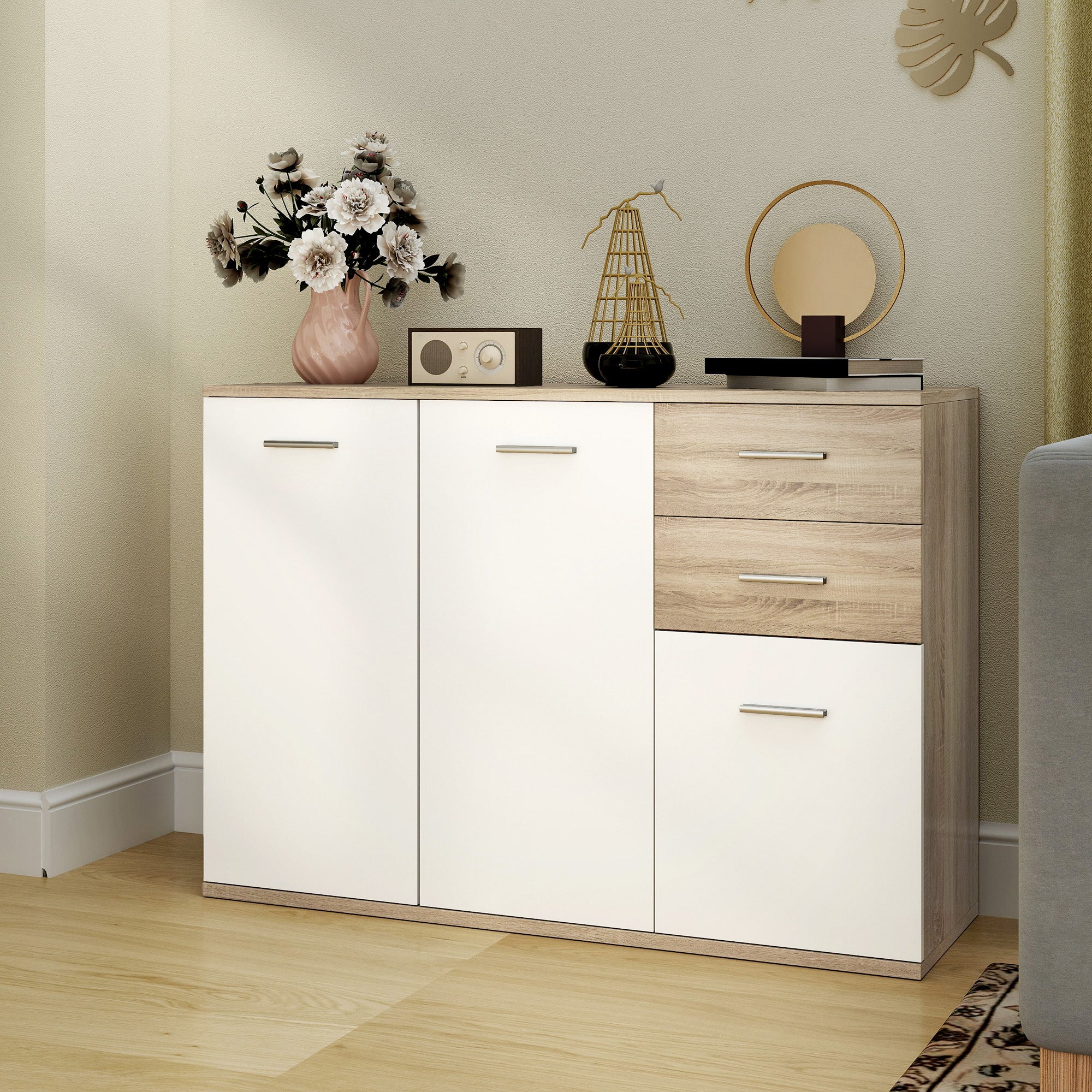 Living Room Sideboard with 3 Cabinets and 2 Drawers, Modern Space-Saving Sideboard with Adjustable Shelf in Wood, 106x35x76 cm, Wood Color