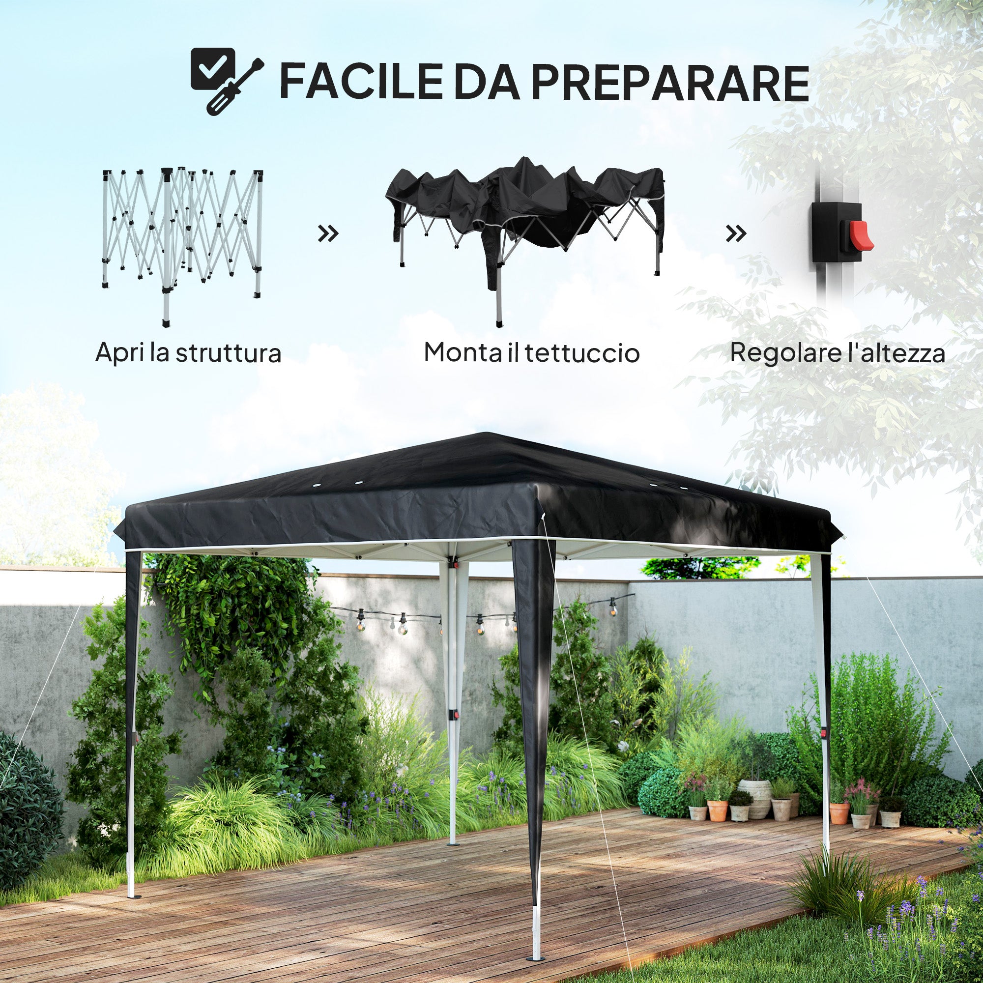 Gazebo 3x3 m Foldable Pop Up Adjustable Height with Drainage Holes, Outdoor Gazebo in Metal and Oxford Fabric with Carrying Bag, UV50+, for Garden, Parties, Camping, Black
