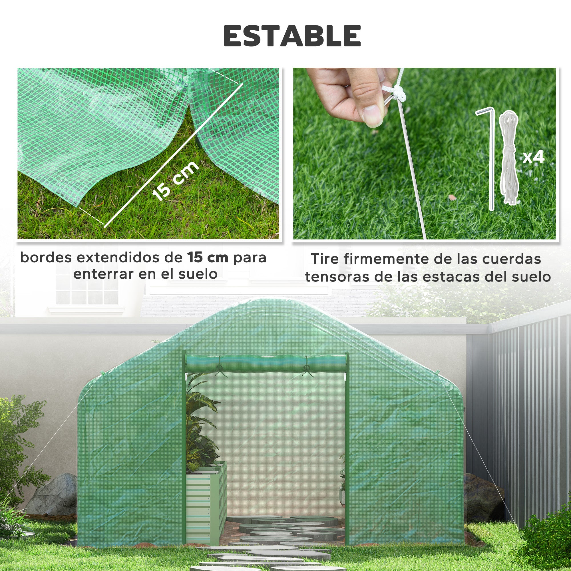 Outdoor Greenhouse 4x3x2 m Tunnel Greenhouse with 2 Mesh Windows Anti-UV PE Cover and 1 Roll-Up Door with Zipper Green Garden Greenhouse
