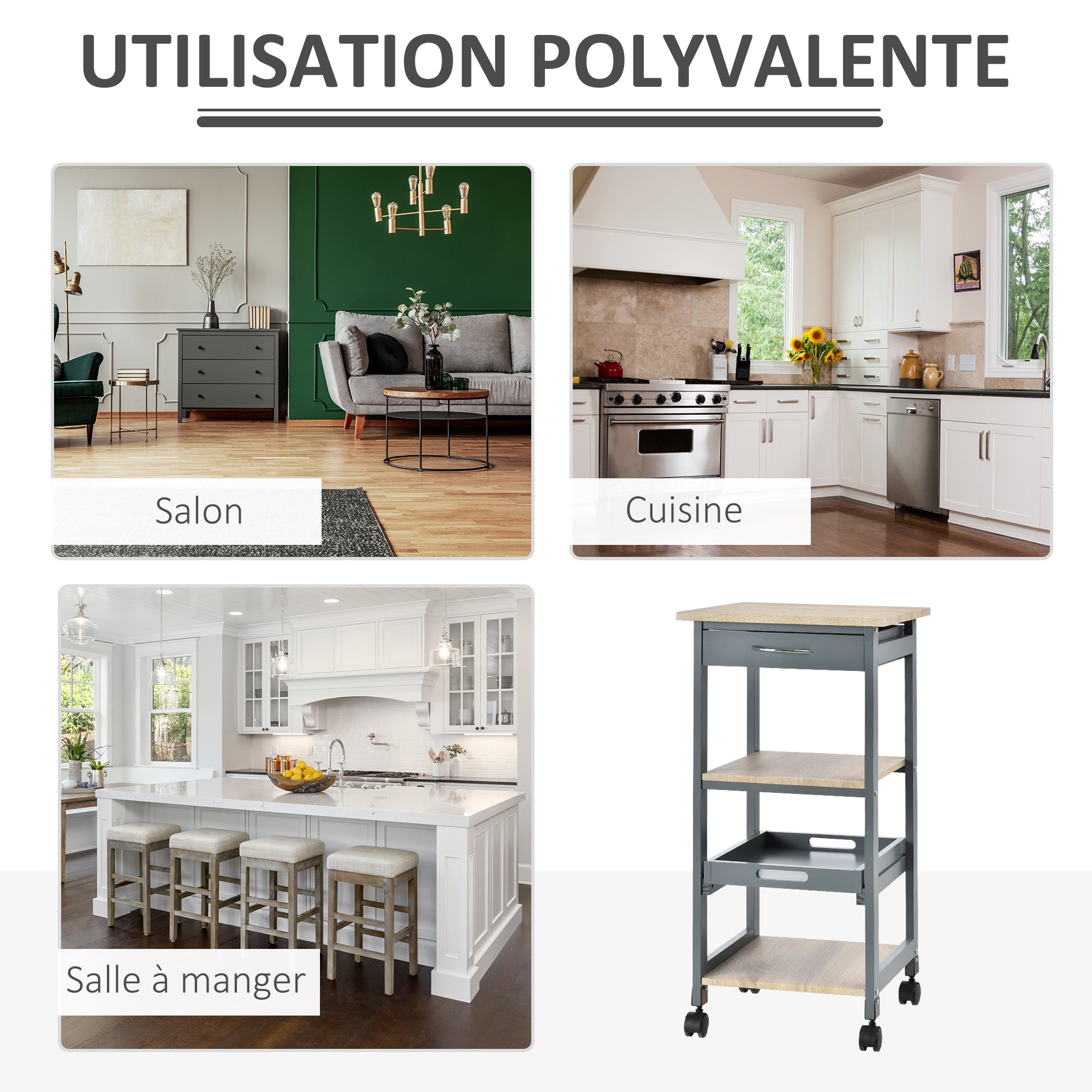 Kitchen Service Cart Trolley with Wheels 2 Shelves + Removable Tray + Drawer Pine Wood MDF Gray Light Oak