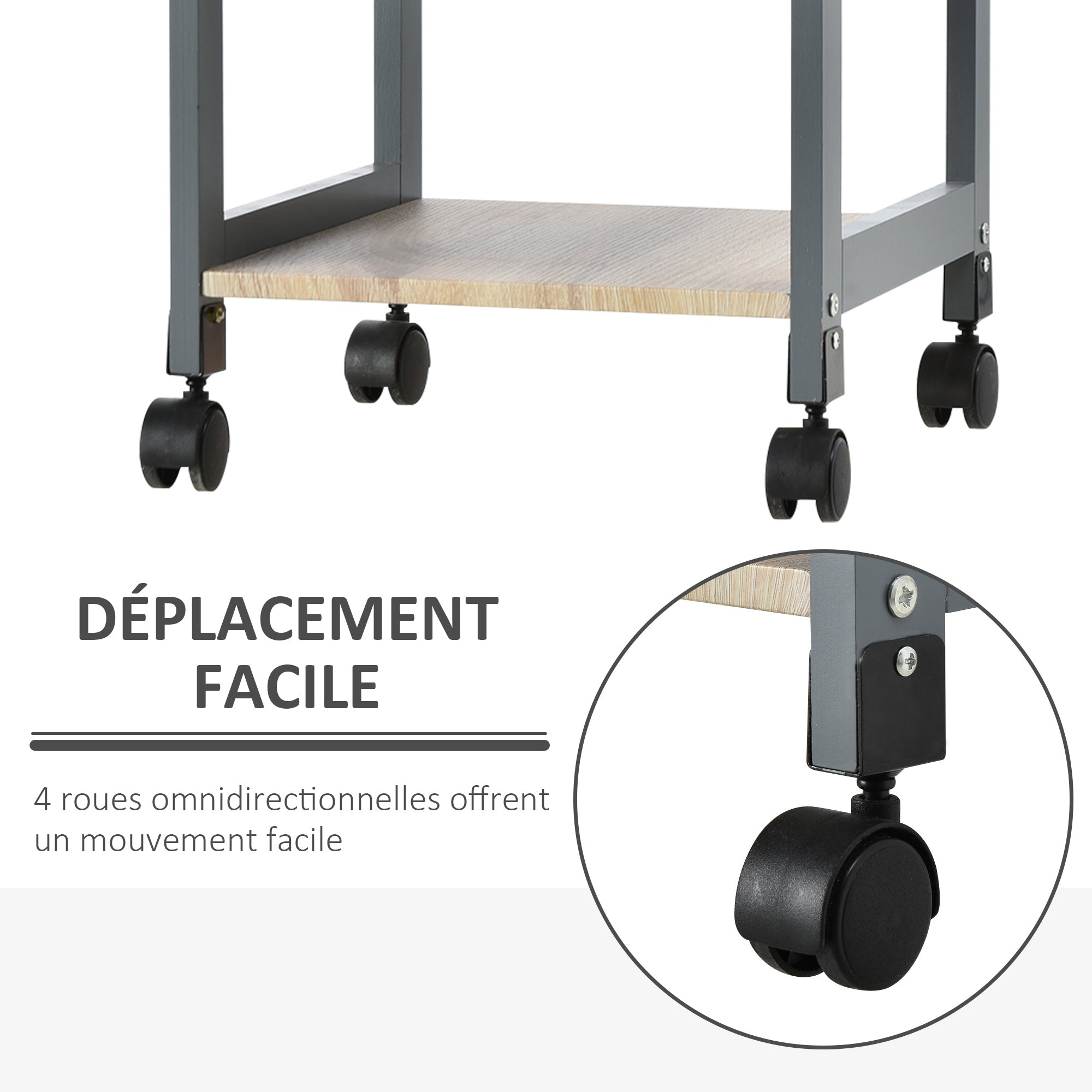 Kitchen Service Cart Trolley with Wheels 2 Shelves + Removable Tray + Drawer Pine Wood MDF Gray Light Oak