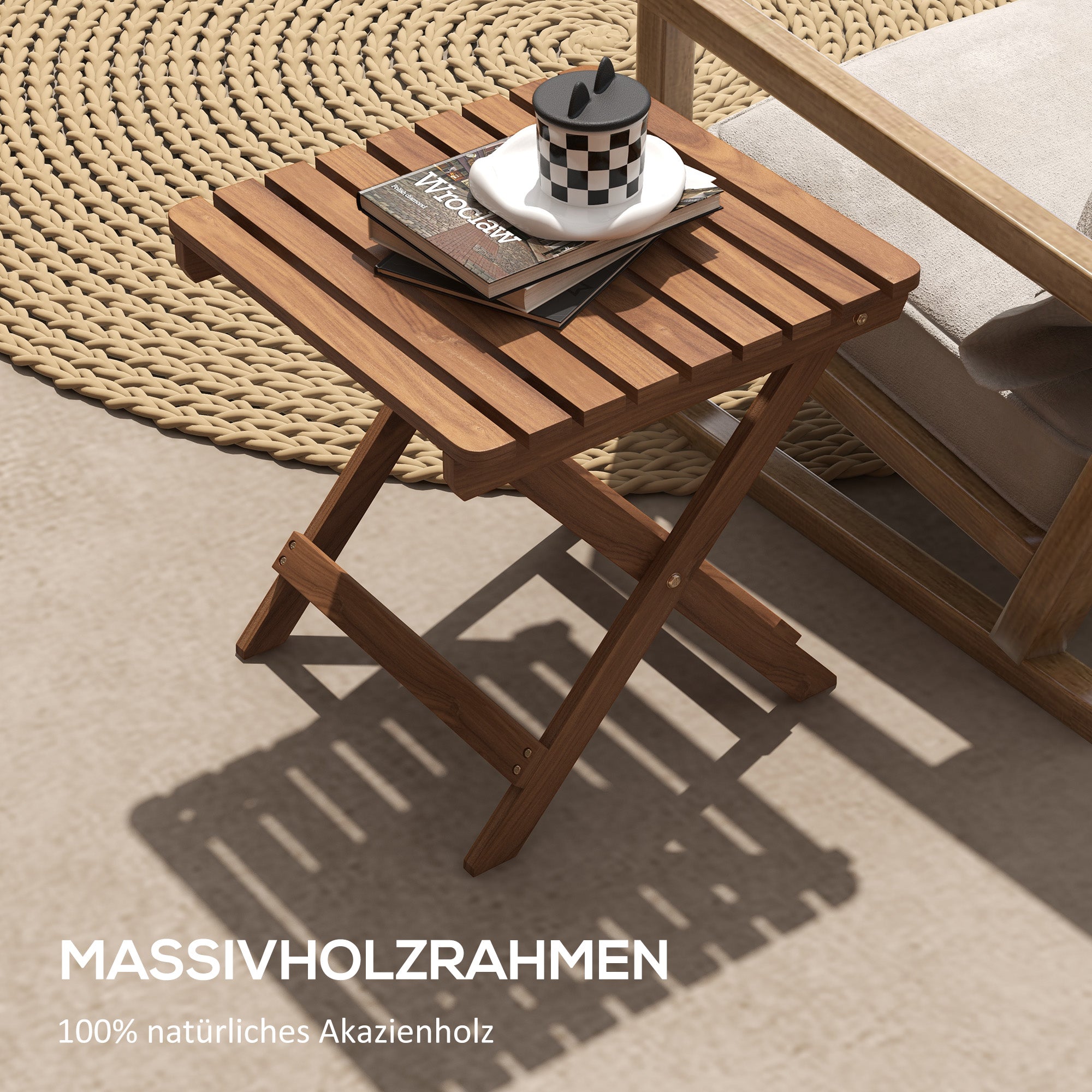 Side Table Outdoor, Set of 2 Garden Tables, Folding Camping Table made of Wood, Folding Table for Garden, Balcony, Teak, 45 x 45 x 45 cm
