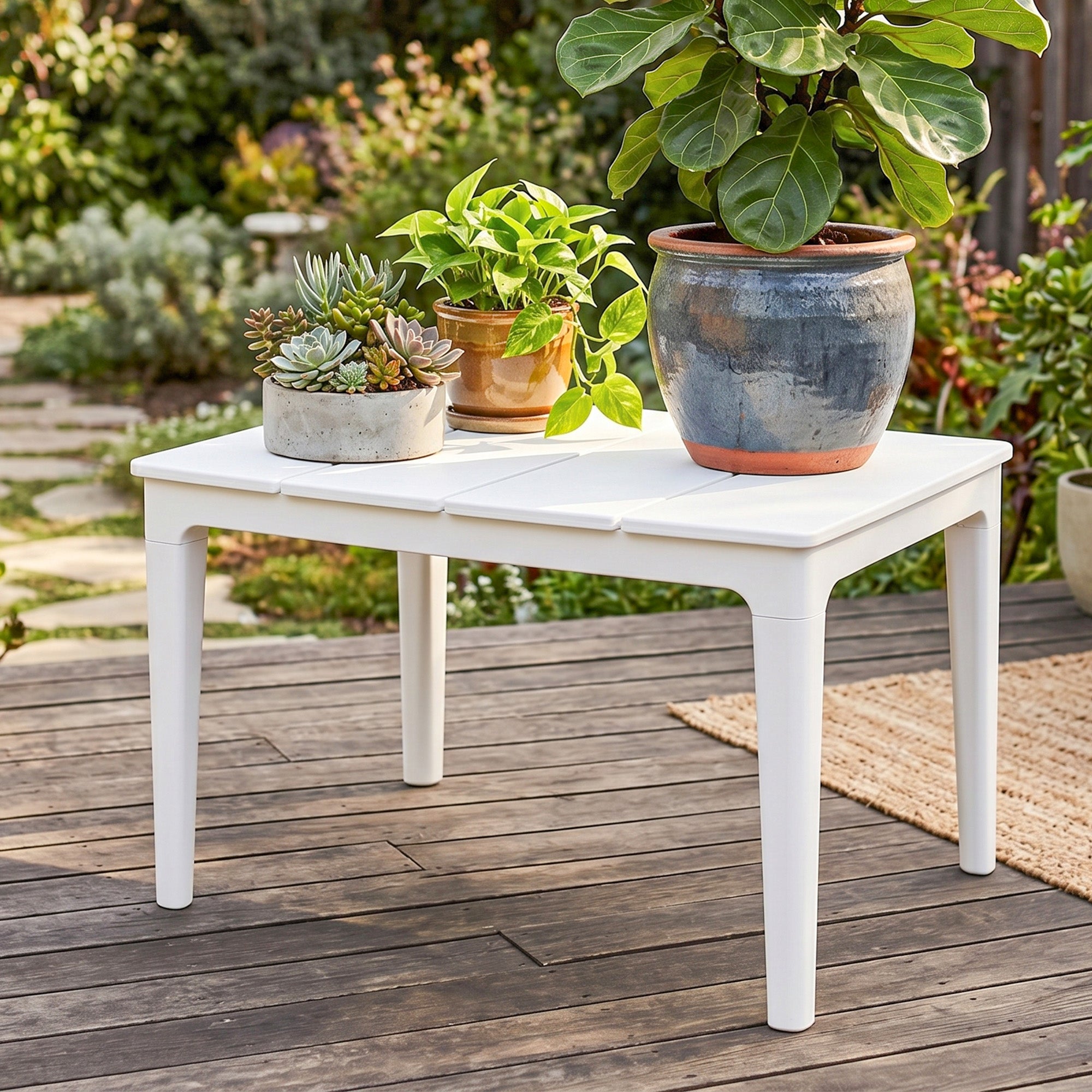 Outdoor Coffee Table with Cylindrical Legs, Rectangular PP Plastic Garden Side Table, Modern Style — for Garden, Balcony, Terrace — 53 x 70 x 39 cm (20.9 x 27.6 x 15.4 in), Cream