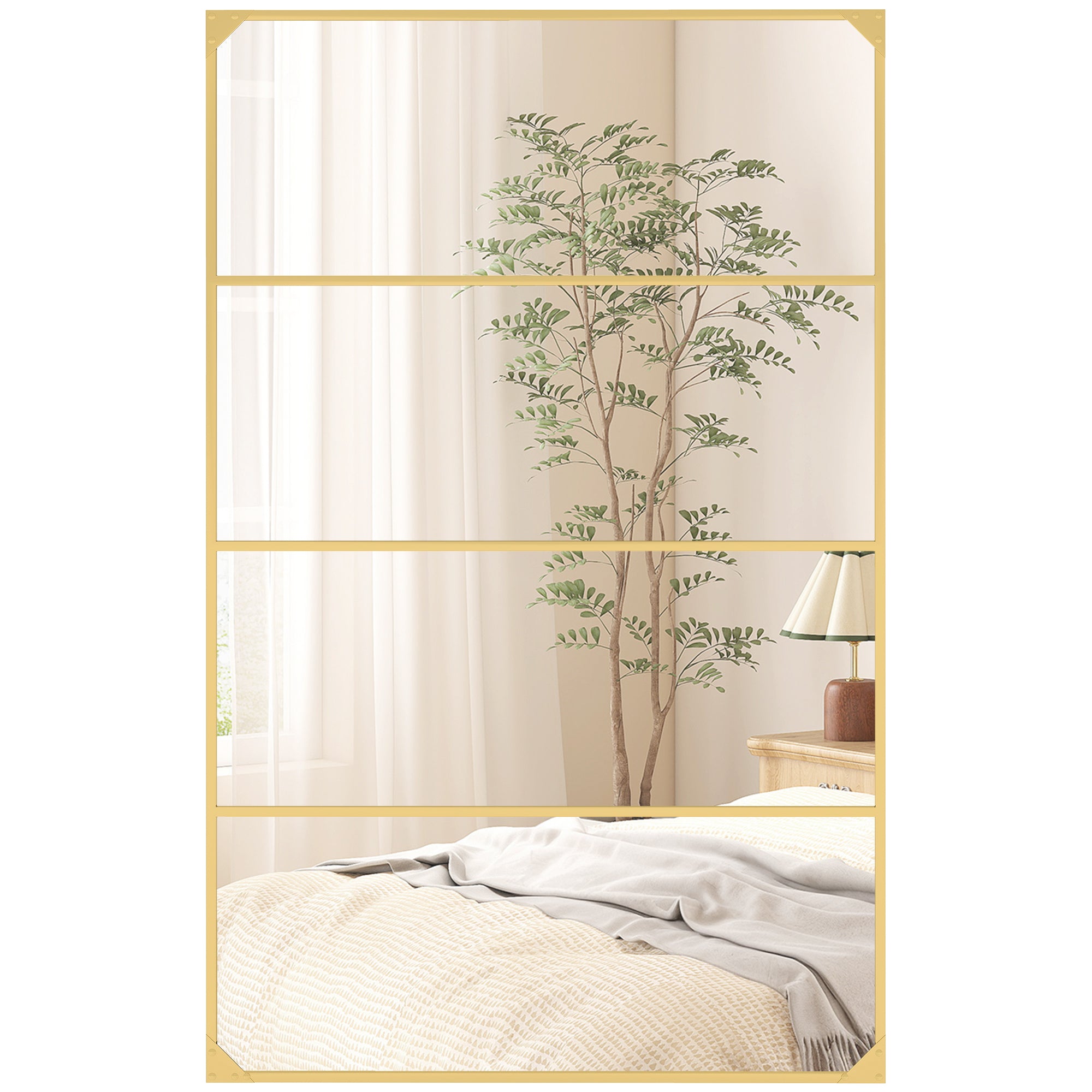 Industrial Windowpane Wall Mirror, Gold Metal Frame, Rectangular, Horizontal or Vertical – 42.9" x 27.2" (109 x 69 cm)