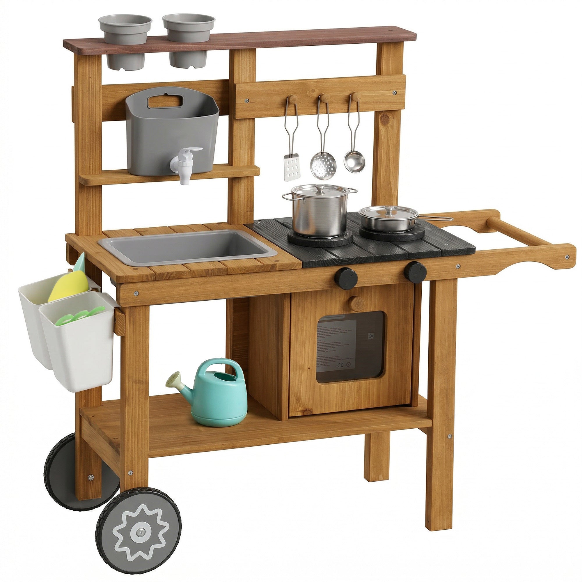 Kids Outdoor Mud Kitchen — Wooden Play Kitchen with Faucet, Sink, Planter, Wheels, Storage & Stainless-Steel Accessories for Ages 3–6, Brown