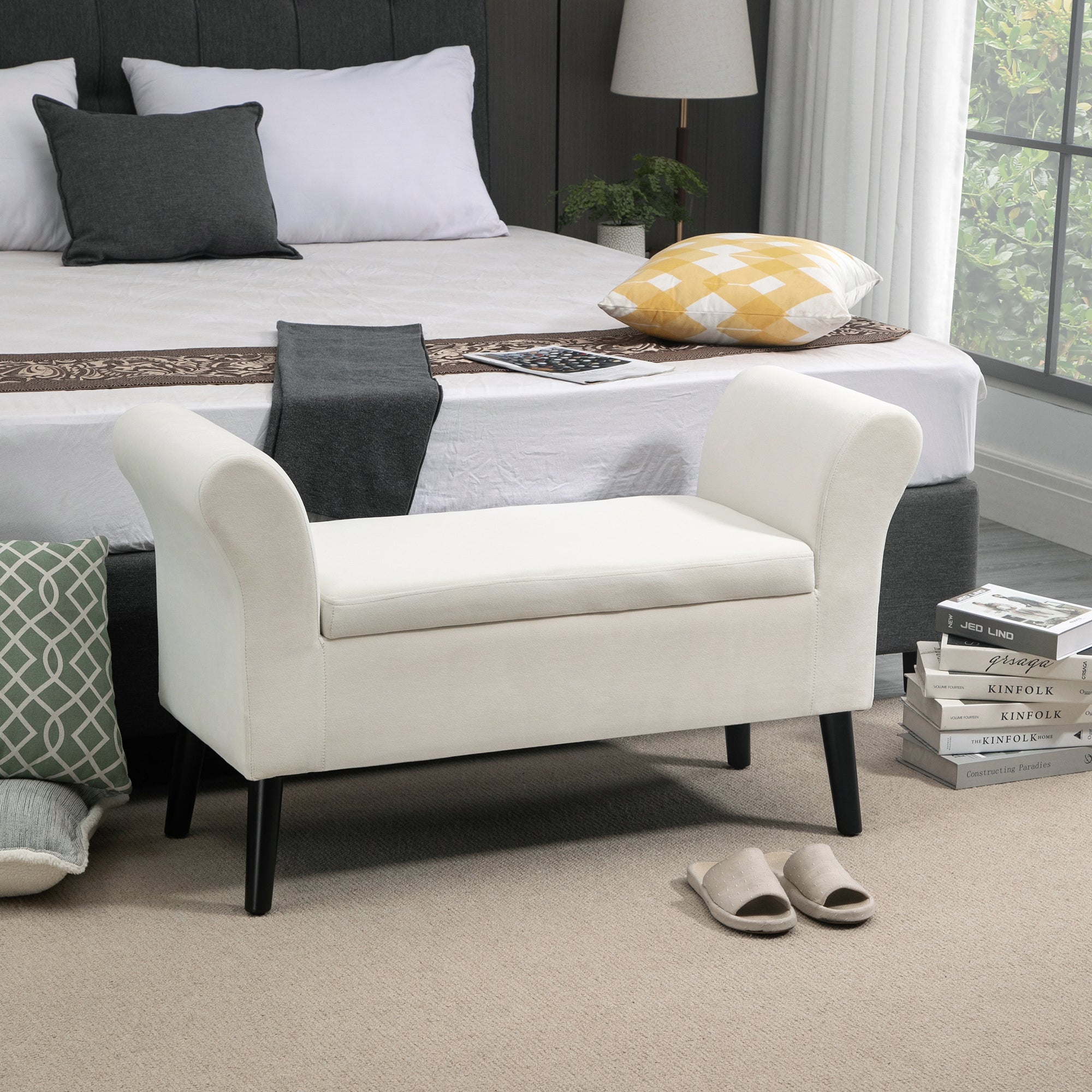 Upholstered Bench with Storage Ottoman Bench with Armrest for Entryway Bedroom Velvet Polyester 111.5 x 41 x 65 cm Cream White