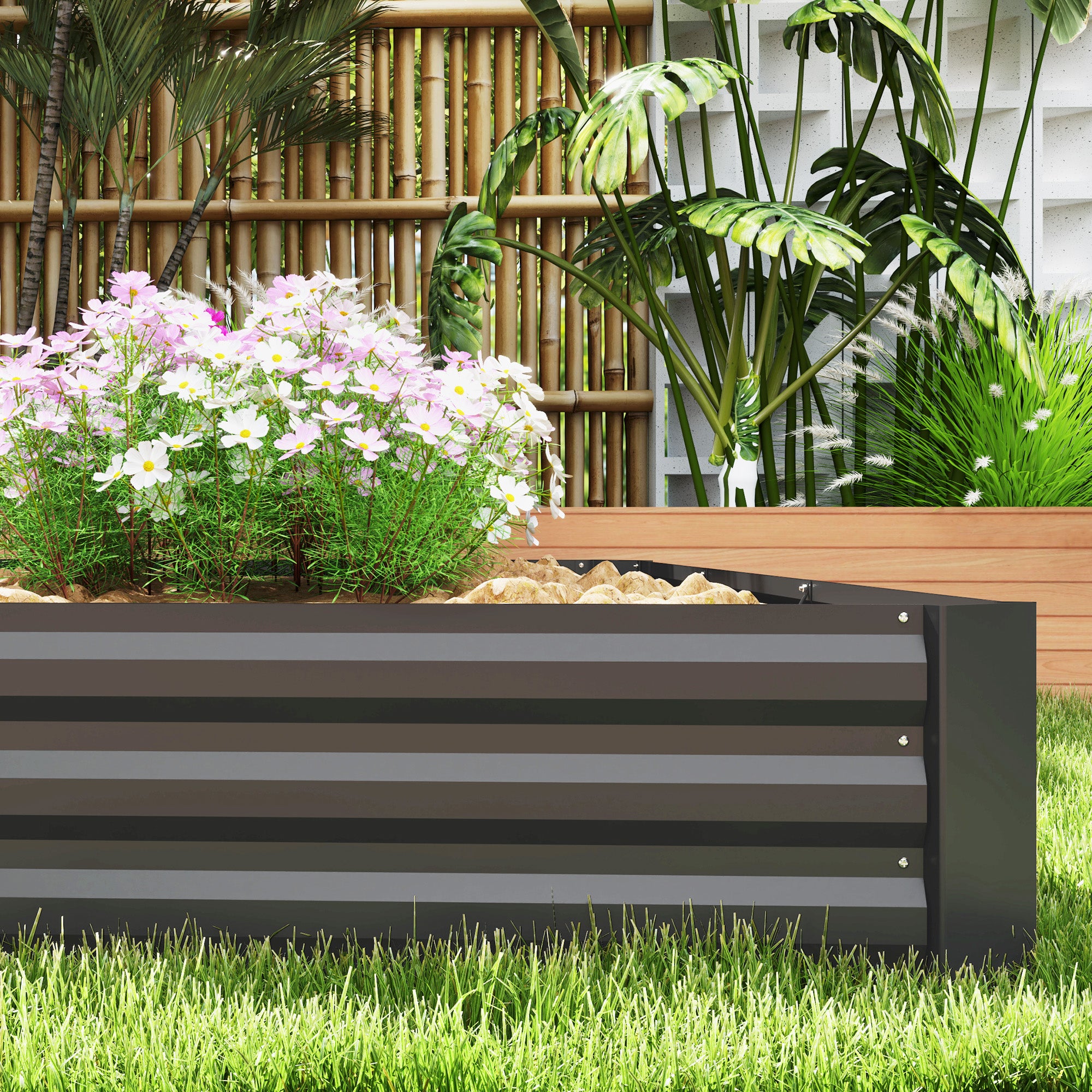 Outdoor Planter, Rectangular Garden Vegetable Raised Bed with Safety Edge and Open Bottom, for Flowers, Herbs, 240 x 120 x 30 cm, Dark Gray