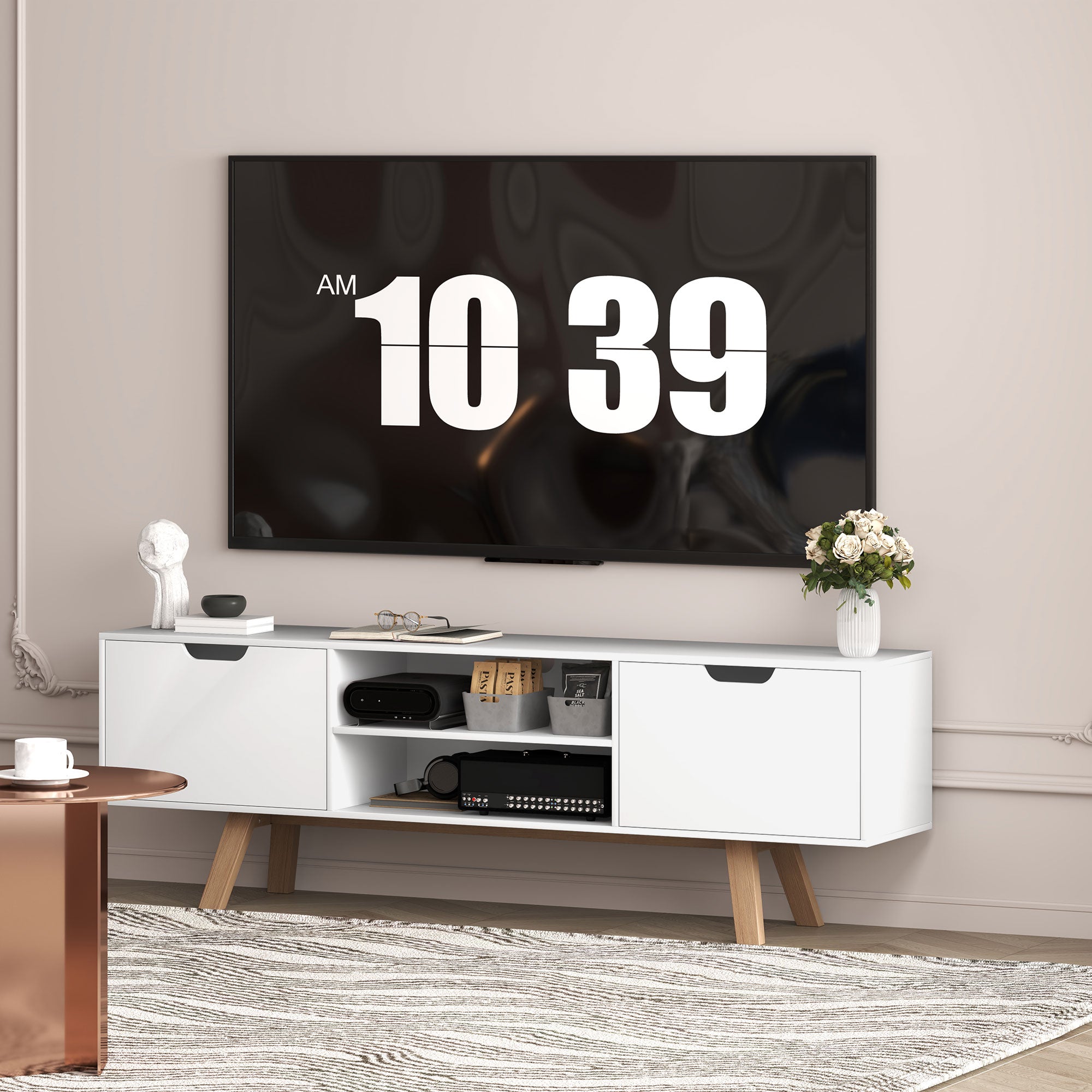 TV cabinet, TV stand for TVs up to 65 inches, lowboard with 2 cabinets and 2 shelves, TV cabinet for living room, 150 x 39 x 50 cm White