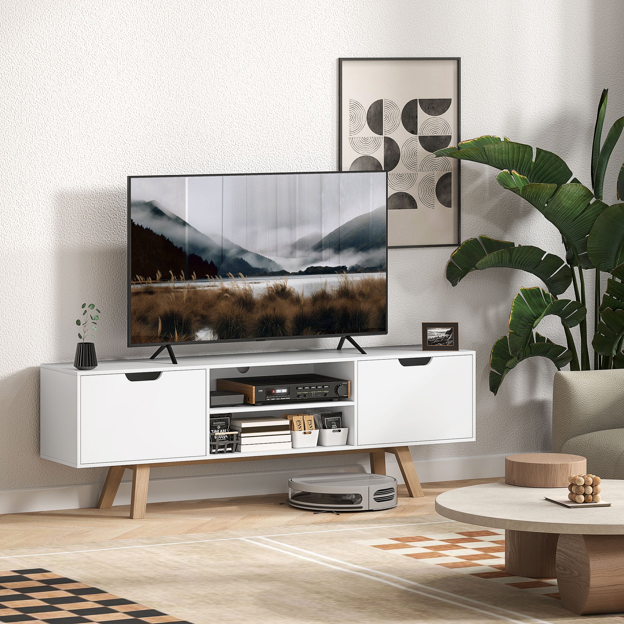 TV cabinet, TV stand for TVs up to 65 inches, lowboard with 2 cabinets and 2 shelves, TV cabinet for living room, 150 x 39 x 50 cm White