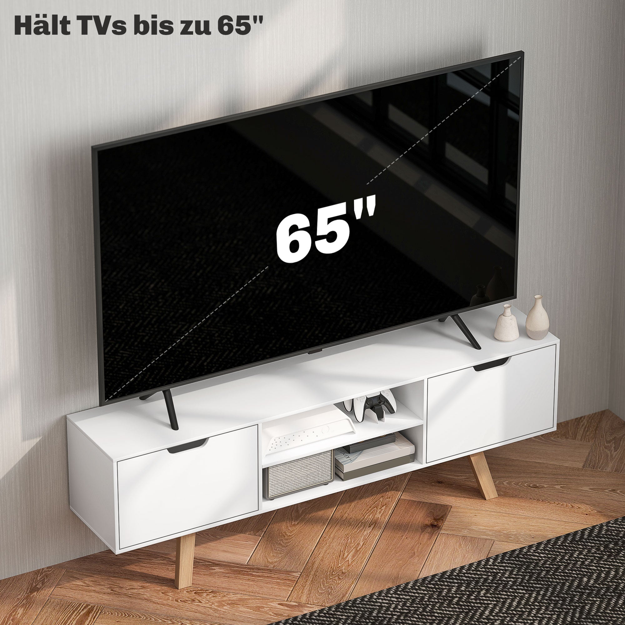 TV cabinet, TV stand for TVs up to 65 inches, lowboard with 2 cabinets and 2 shelves, TV cabinet for living room, 150 x 39 x 50 cm White