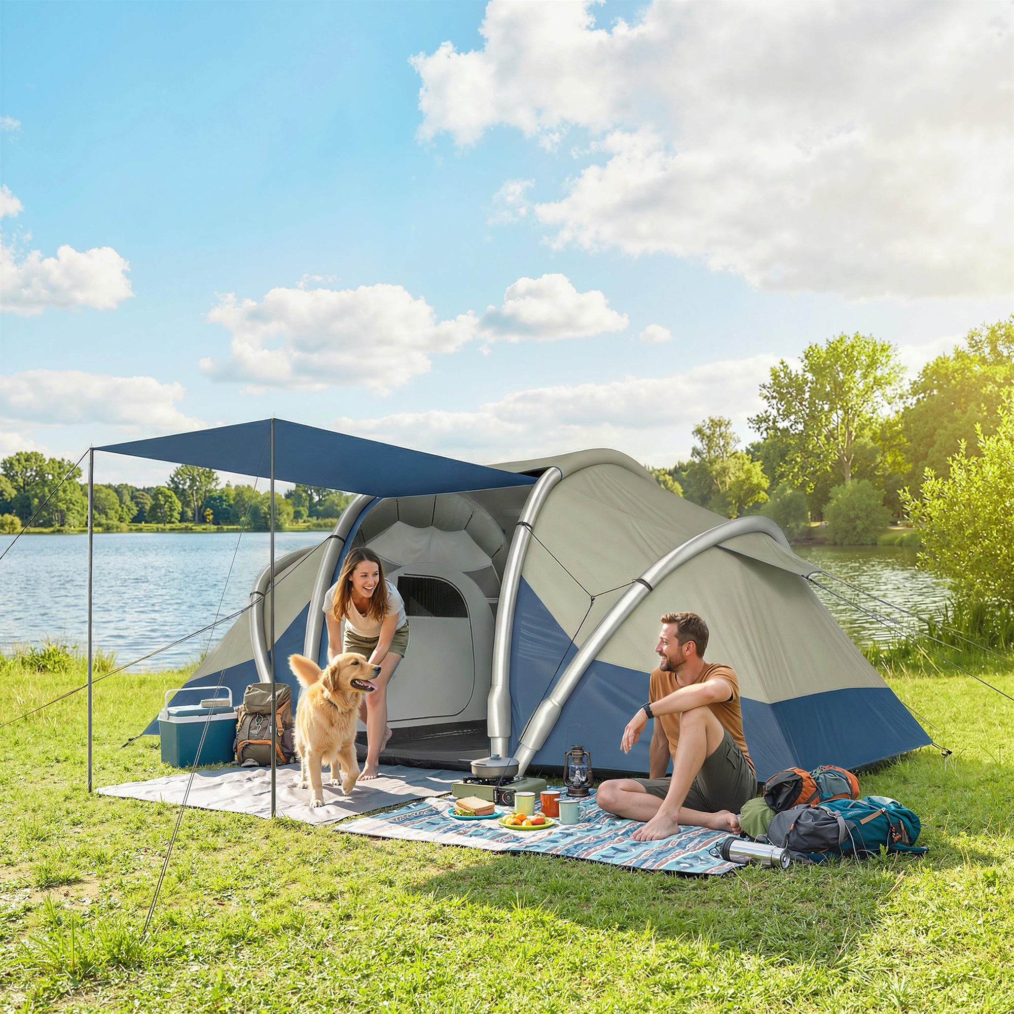 Inflatable 4-Person Tent — Fast Setup Outdoor Camping Tent with Air Pump, 2 Bedrooms, Mesh Windows, Fluorescent Pegs, Front Awning, Waterproof Oxford Fabric