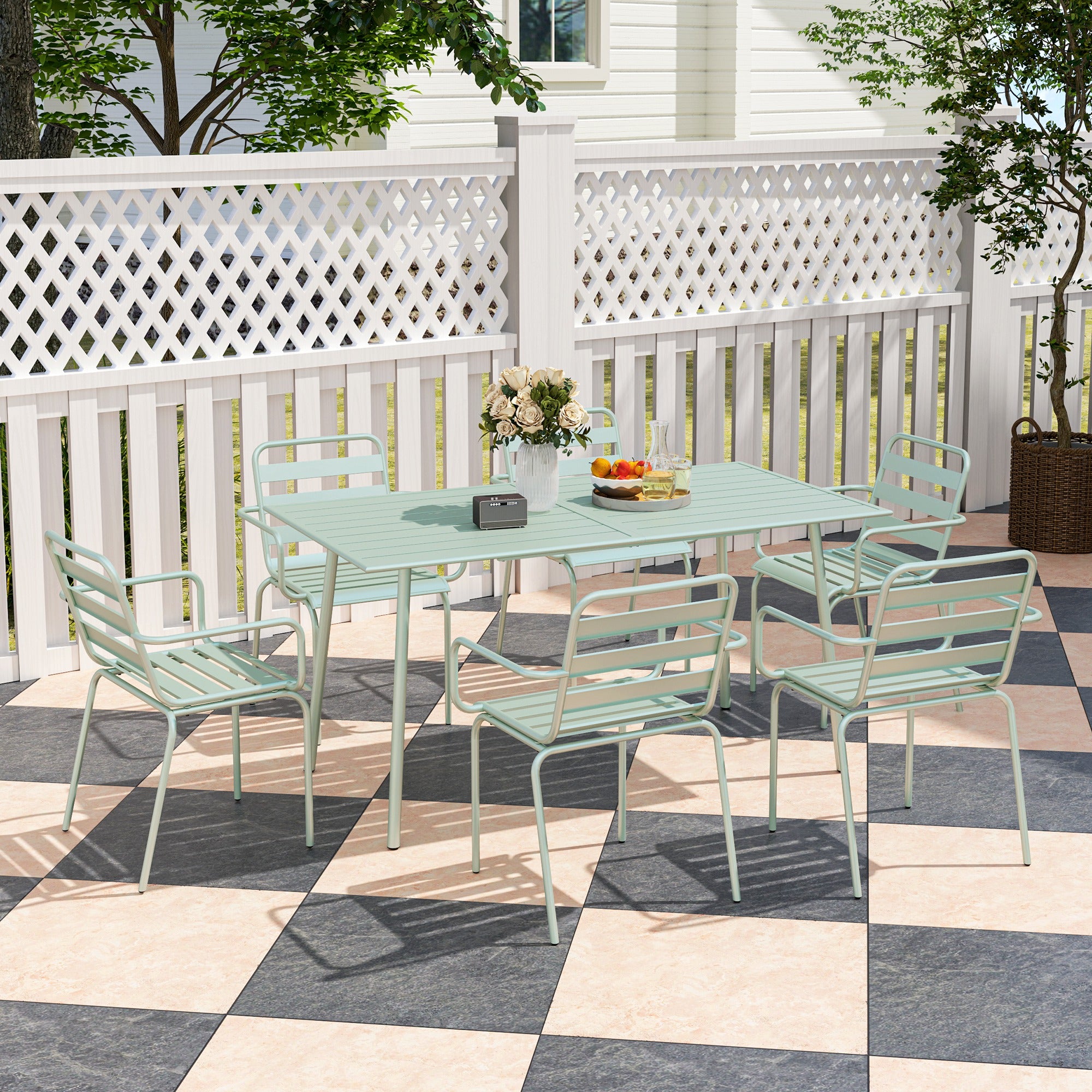 Outdoor Garden Dining Set 7-Piece with 1 Table and 6 Stackable Steel Chairs in Light Green