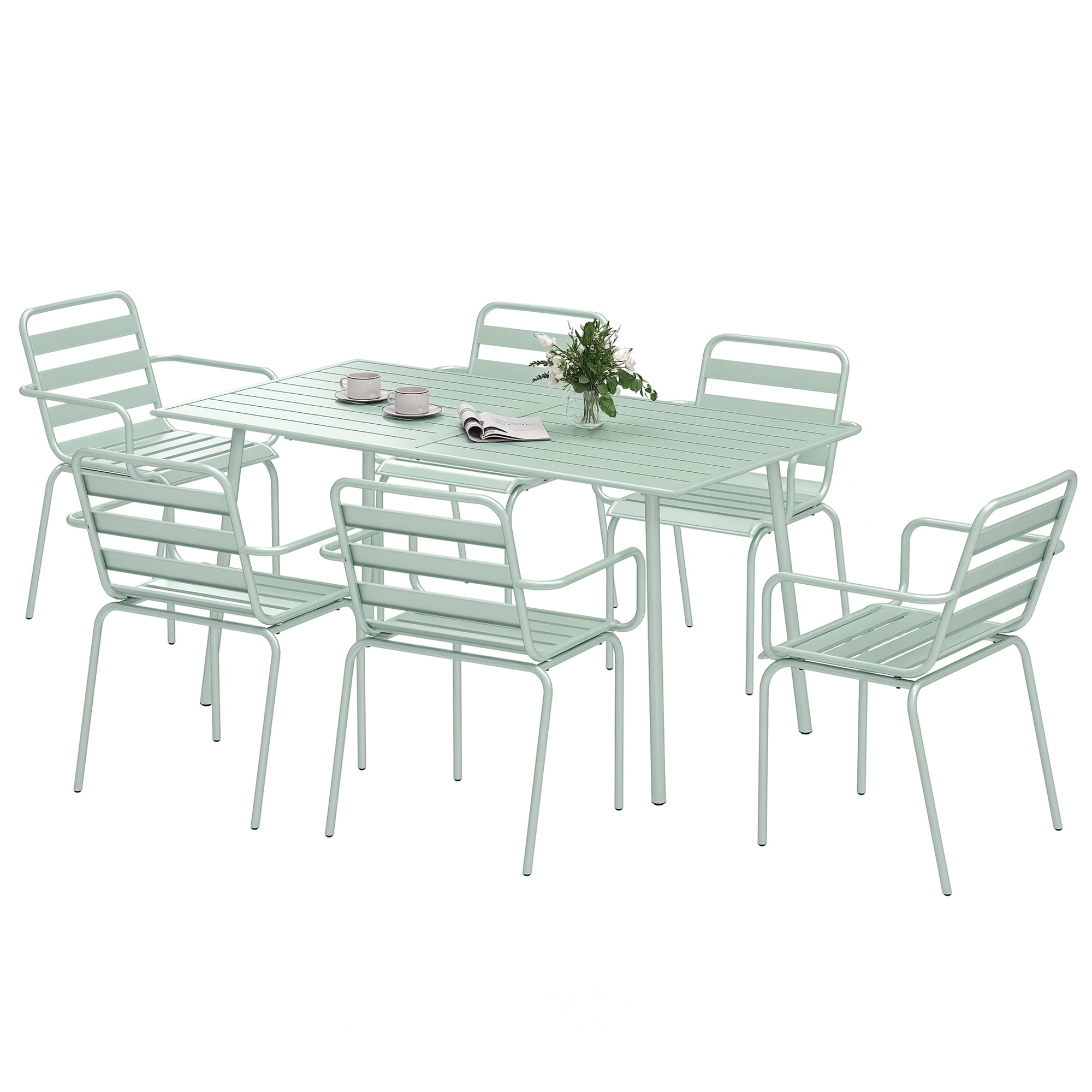 Outdoor Garden Dining Set 7-Piece with 1 Table and 6 Stackable Steel Chairs in Light Green