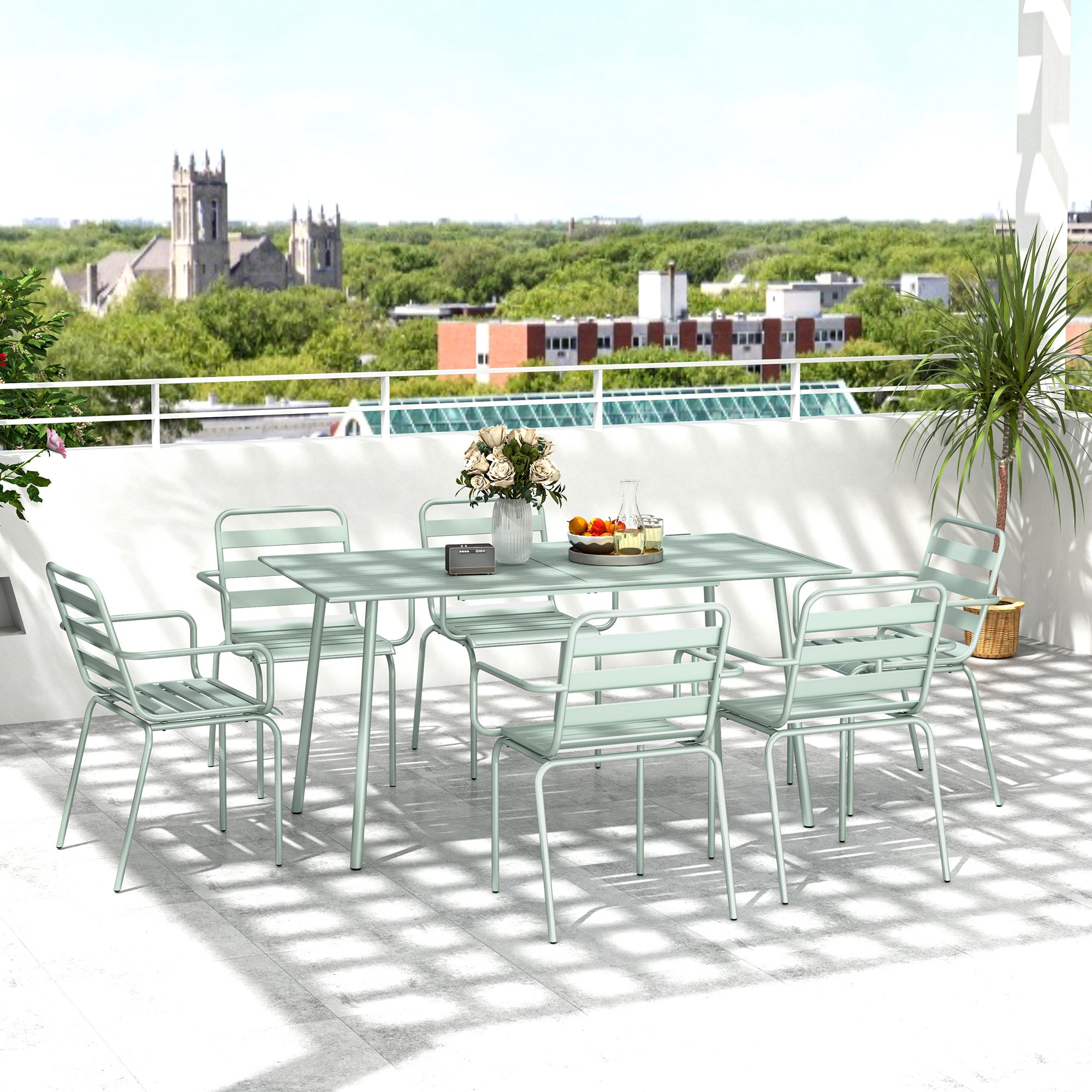 Outdoor Garden Dining Set 7-Piece with 1 Table and 6 Stackable Steel Chairs in Light Green