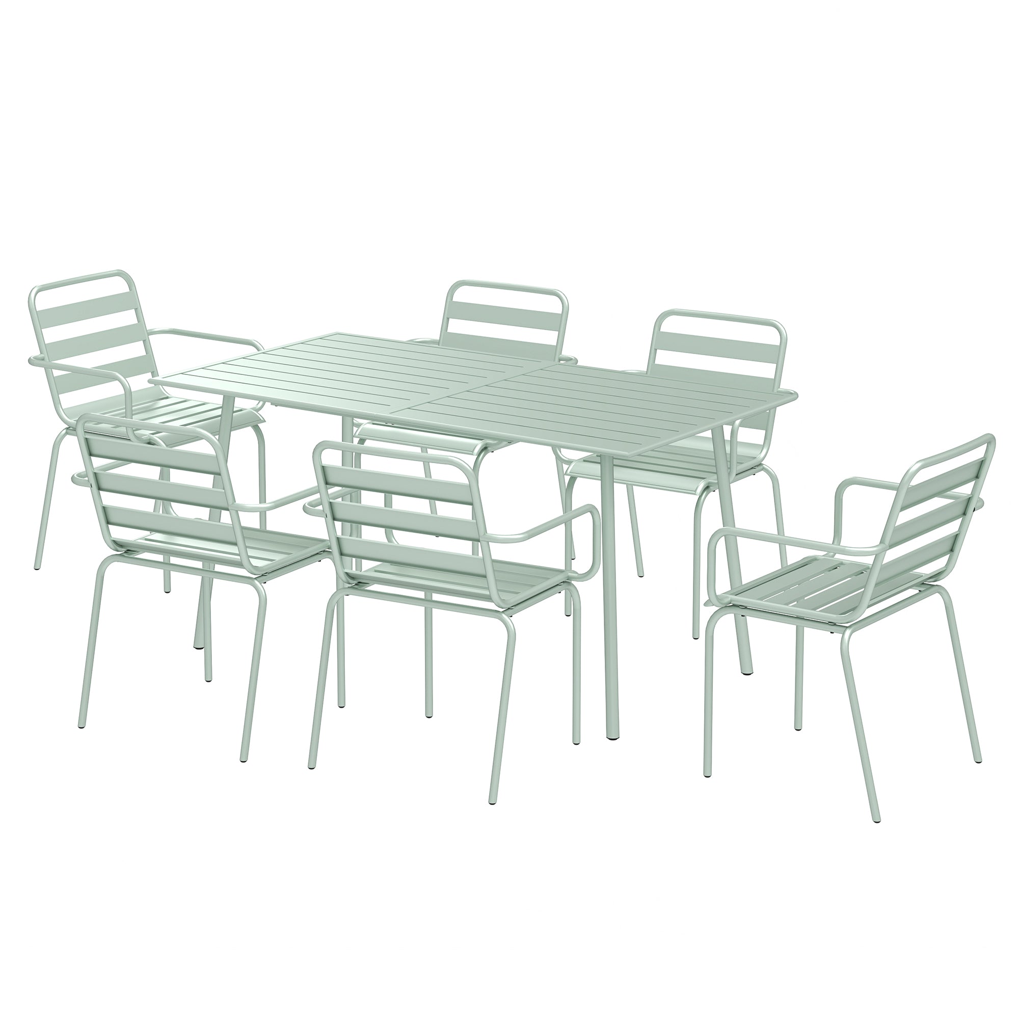 Outdoor Garden Dining Set 7-Piece with 1 Table and 6 Stackable Steel Chairs in Light Green