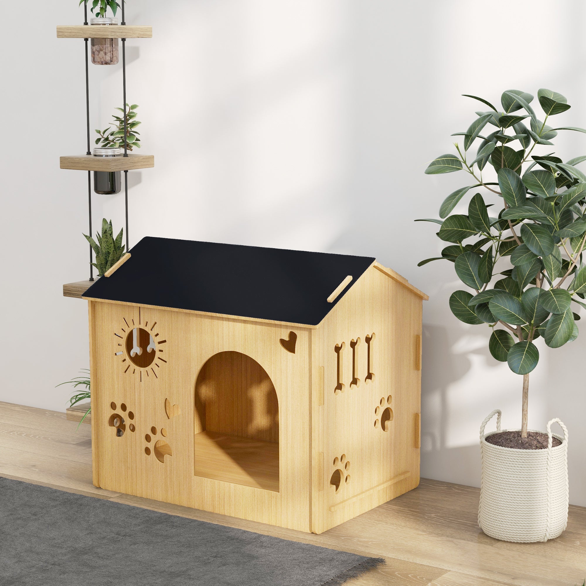 Wooden Dog House Small Animal House with Ventilation Openings Dog Kennel with Roof Dog Cave Indoor MDF Oak+Black 69 x 50 x 58.5 cm
