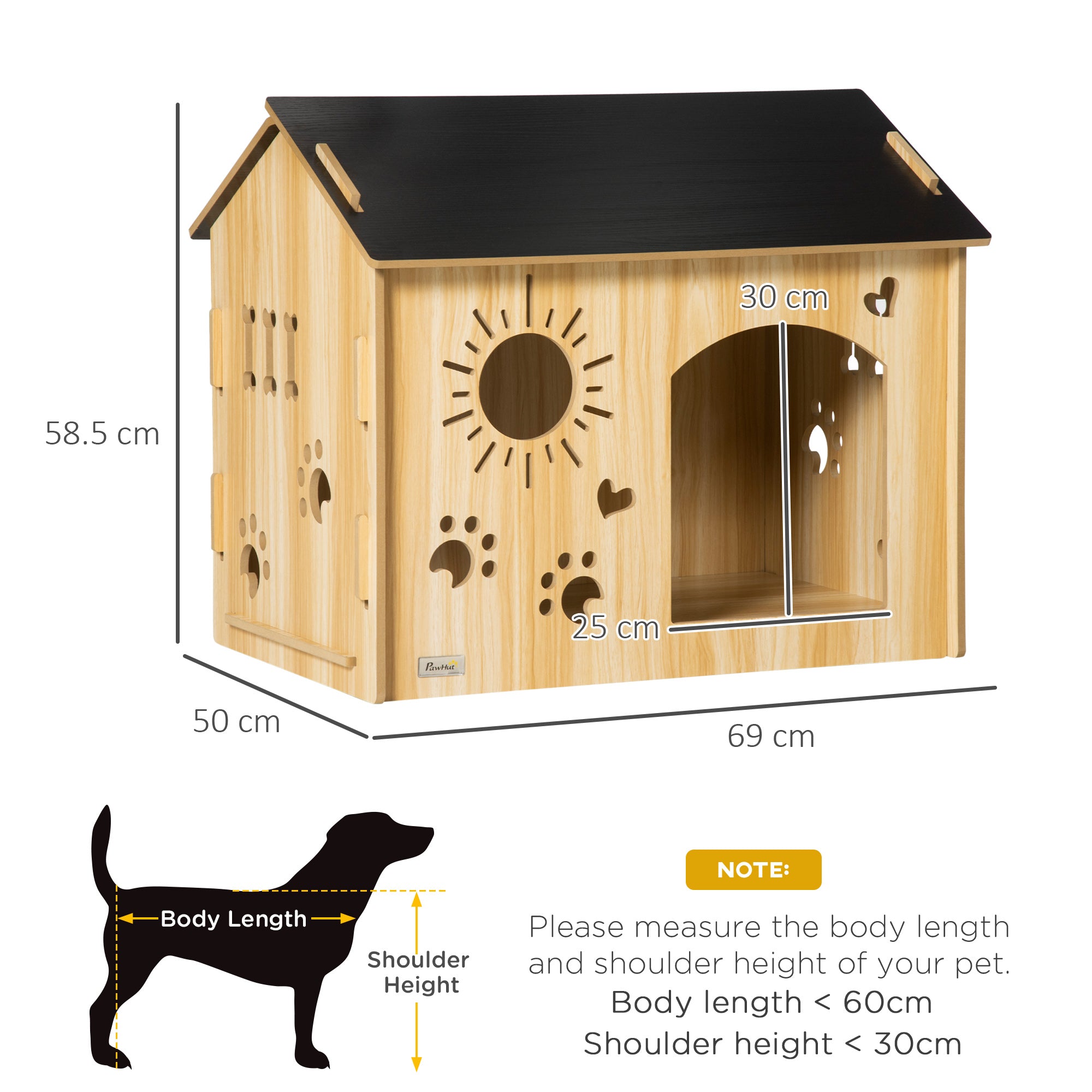 Wooden Dog House Small Animal House with Ventilation Openings Dog Kennel with Roof Dog Cave Indoor MDF Oak+Black 69 x 50 x 58.5 cm
